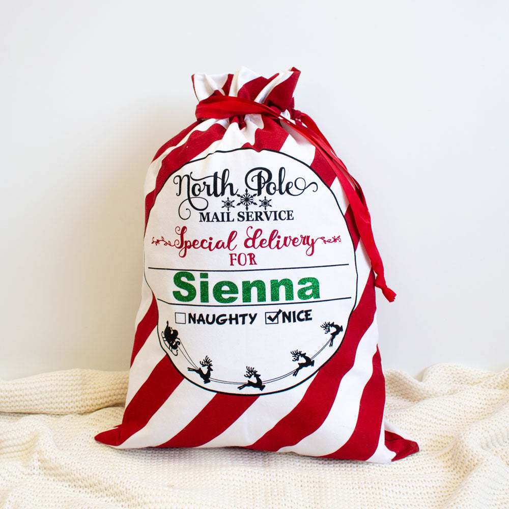 Personalized Santa Sack with Custom Name - Durable Vinyl Christmas Gift Bag for Holiday Presents, Stocking Stuffers & Festive Decor