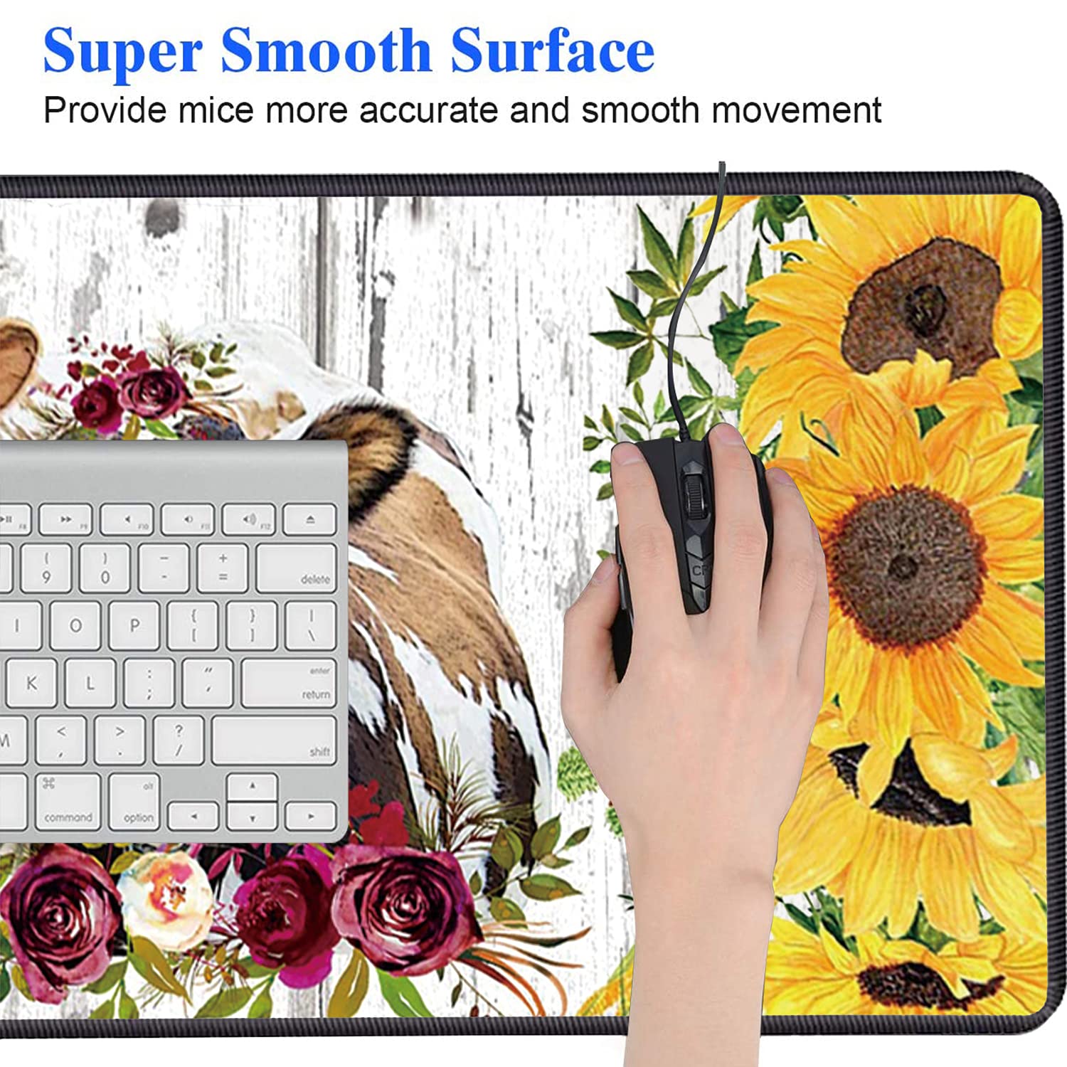 XXL Large Gaming Mouse Pad - Extended Ergonomic Computer Desk Mat with Non-Slip Rubber Base, Thick Keyboard & Mouse Pad with Cup Holder - Rustic Wooden Planks Texture Featuring Sunflowers & Cows Design - Perfect for Gaming, Office Work & Home Computer Setup