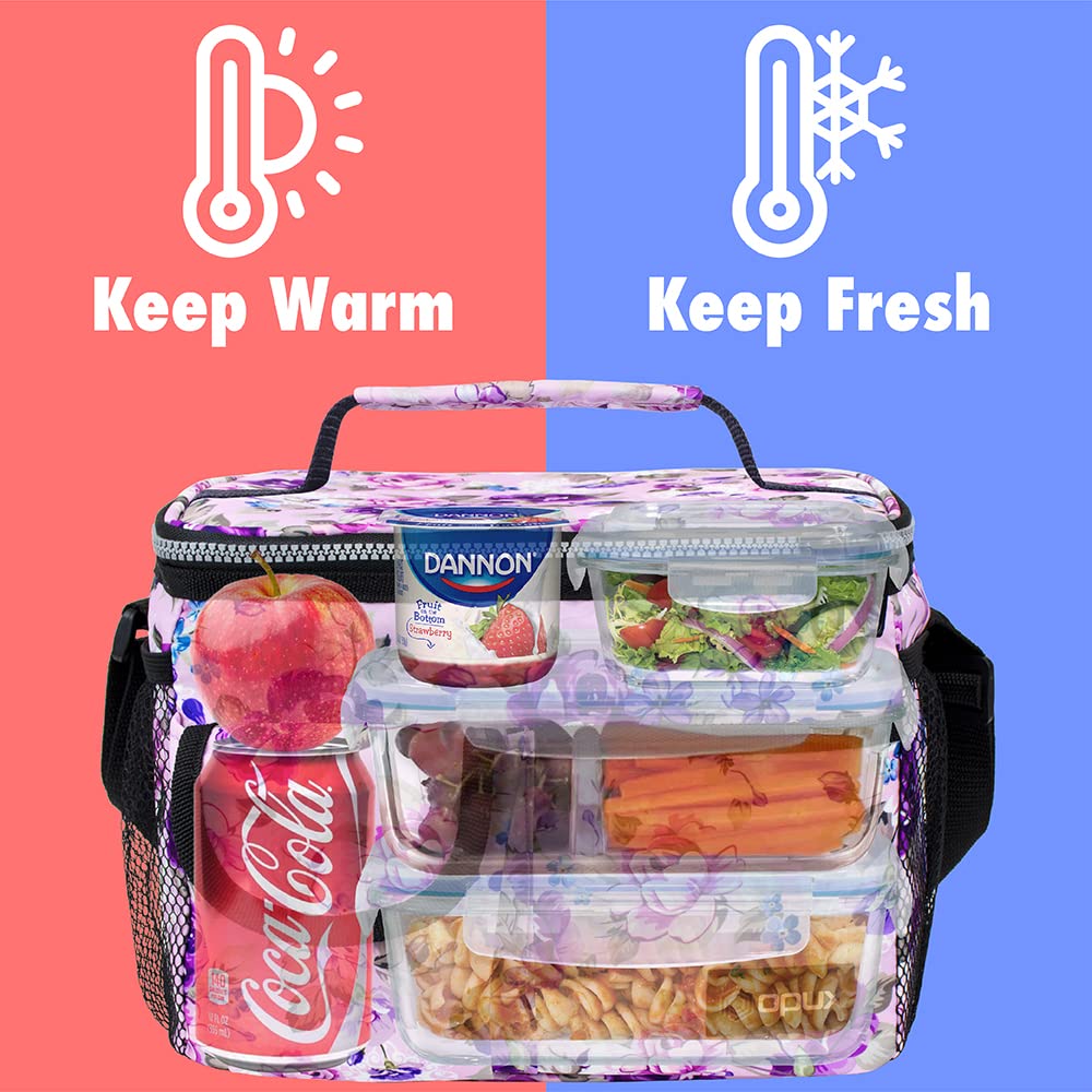 OPUX Insulated Lunch Bag for Men & Women - Leakproof Floral Purple Lunch Box for Work & School - Portable Soft Cooler Bag with Shoulder Strap - 14 Can/8L Capacity - Perfect for Office, Picnics & Outdoor Activities