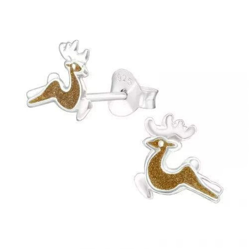 Kids Silver Reindeer Stud Earrings - Cute Holiday Jewelry for Christmas Parties & Gifts