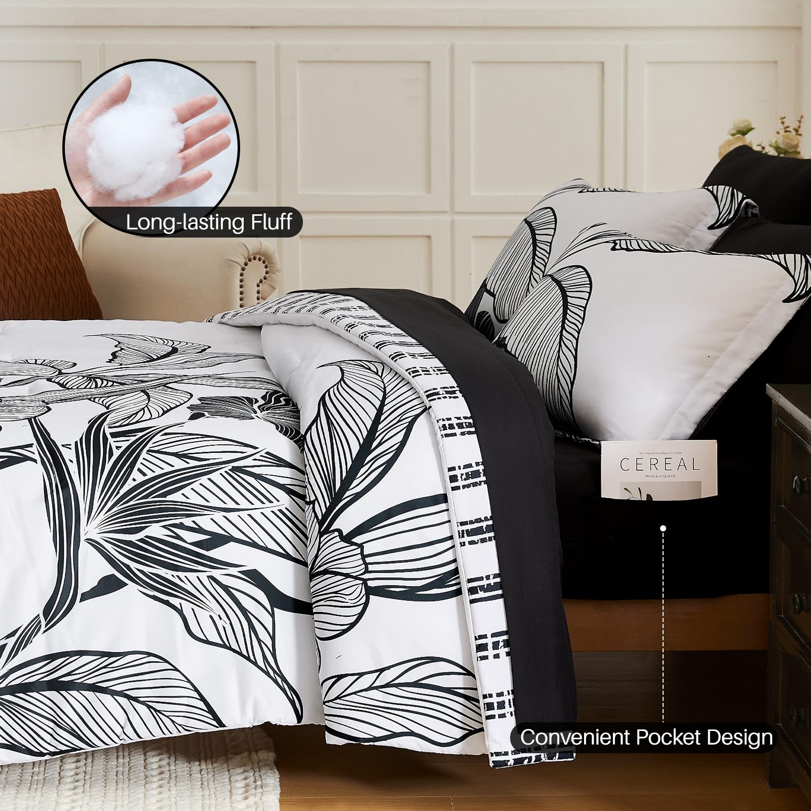 WRENSONGE 7-Piece King Size Comforter Set - Black & White Floral Bedding with Sheets | Soft, Breathable All-Season Bed in a Bag | Perfect for Master Bedroom, Guest Room & Luxury Hotel Decor