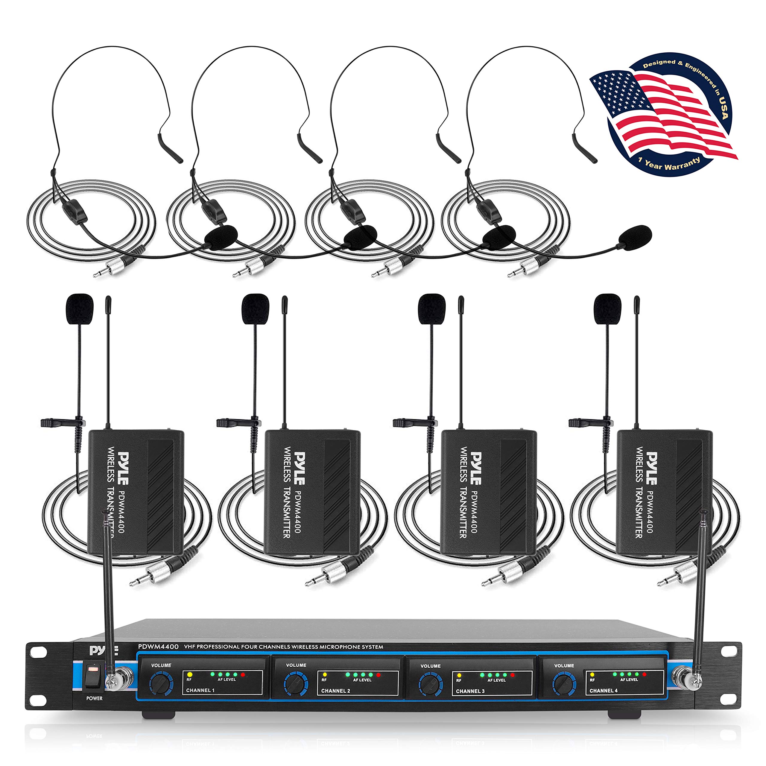 Professional 4 Channel VHF Wireless Microphone System with 4 Headset & 4 Lavalier Mics - PDWM4400 for Karaoke, DJ, PA, Church & Live Performances | Includes 4 Transmitters, Receiver & XLR/1/4