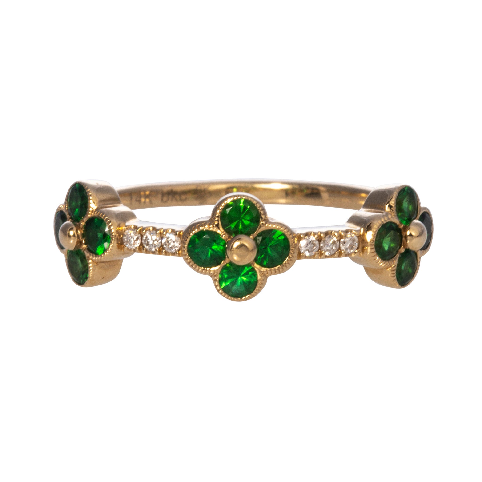 14K Yellow Gold Tsavorite Garnet & Diamond Clover Halfway Ring - Elegant Jewelry for Women, Perfect for Anniversary Gifts, Valentine's Day & Special Occasions