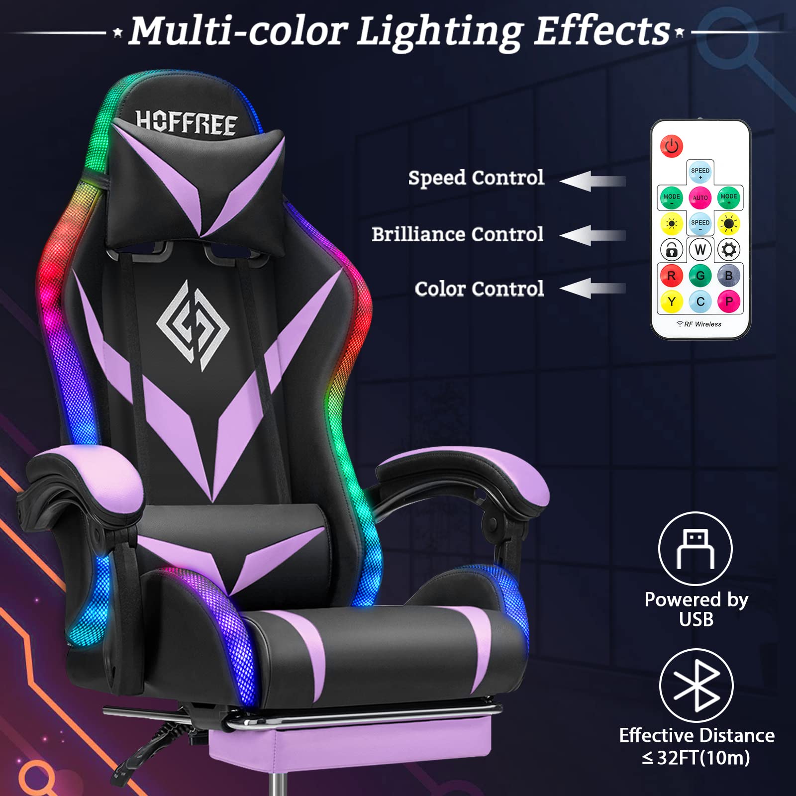 Ergonomic Massage Gaming Chair with Bluetooth Speakers & RGB LED Lights - High Back Computer Chair with Lumbar Support, Footrest - Purple & Black for PC Gaming, Home Office & Entertainment