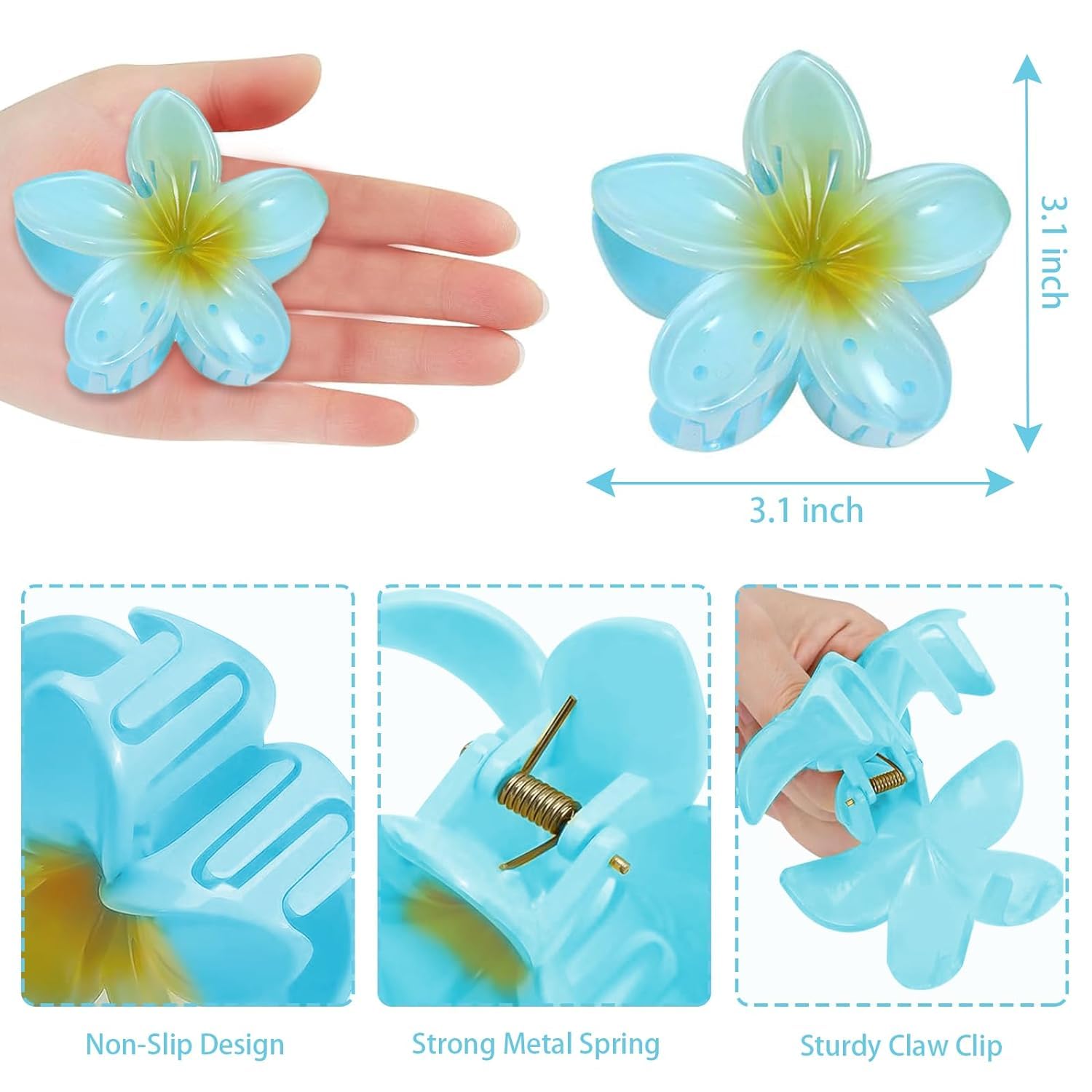 Bakefy 4-Pack Hawaiian Flower Claw Clips for Women - Large Plumeria Hair Clips for Thin & Thick Hair - Tropical Beach Hair Accessories for Girls & Women - Perfect for Summer, Vacations & Boho Styles