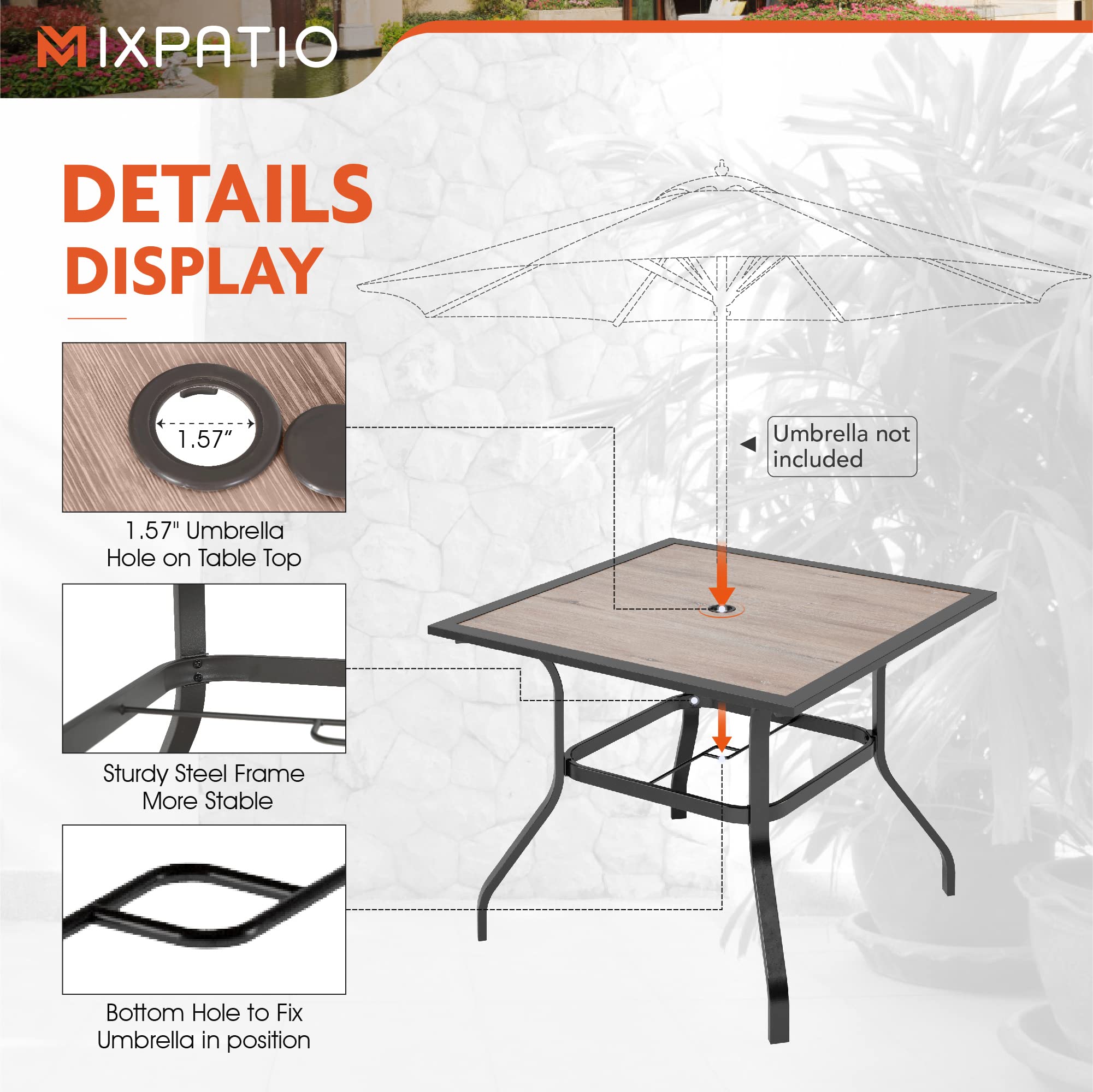 5-Piece Outdoor Patio Dining Set with 4 Chairs & 1 Square Table (1.57