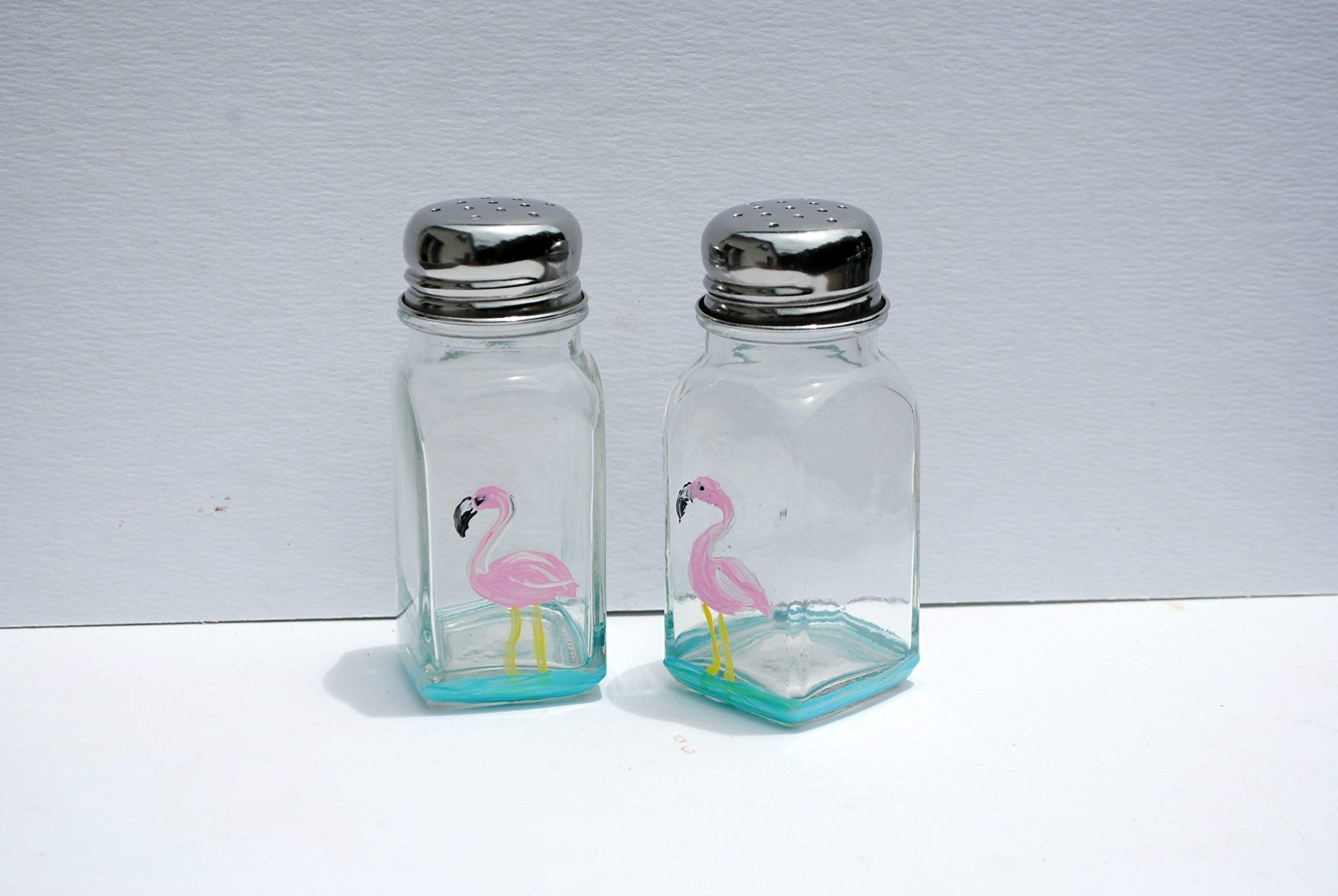 Hand-Painted Pink Flamingo Glass Salt and Pepper Shaker Set - Elegant Tableware for Kitchen, Dining Room & Gift Giving