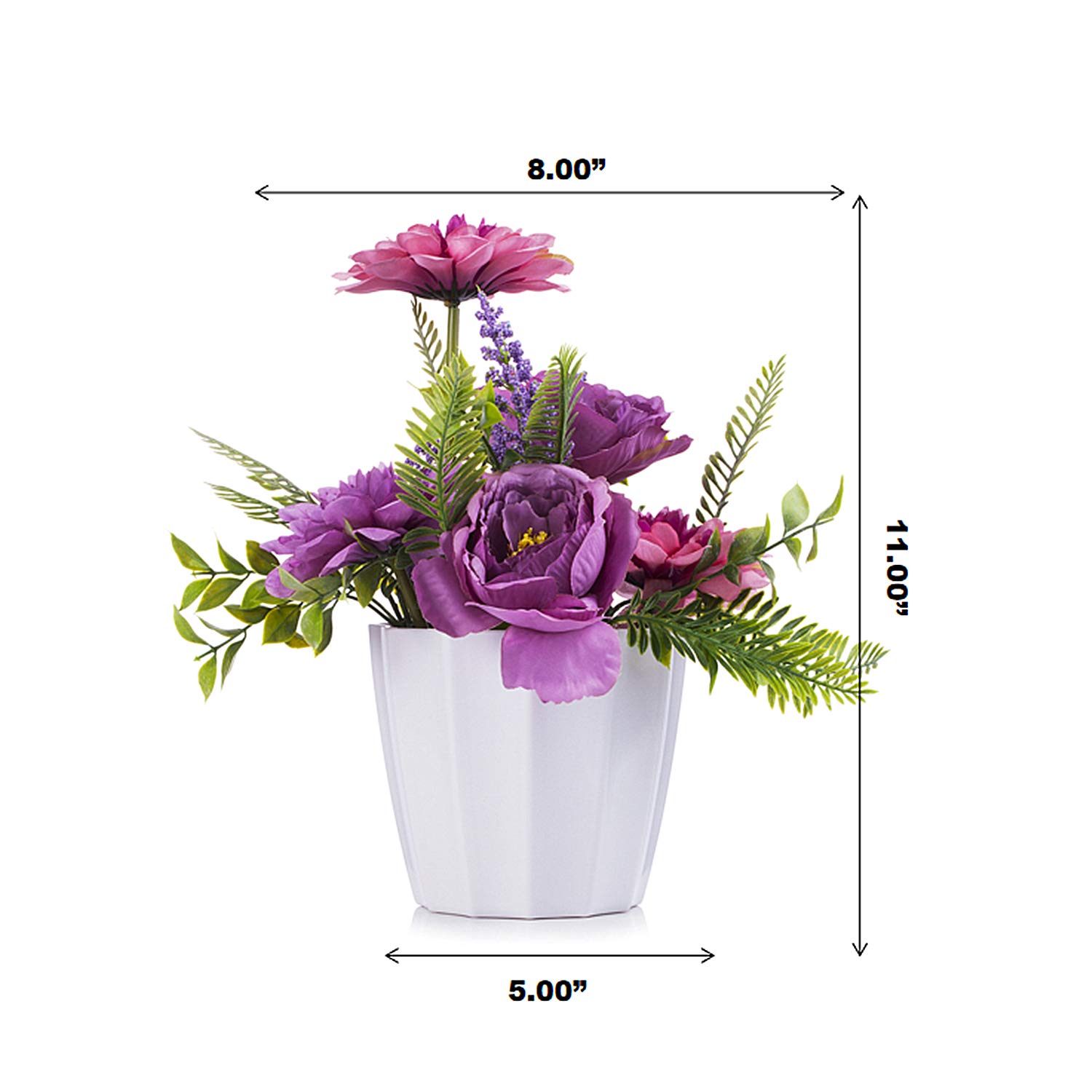 ENOVA HOME Mixed Artificial Peony and Dahlia Silk Flower Arrangement in White Ceramic Pot - Purple Floral Centerpiece for Home, Office, Wedding, and Table Decor