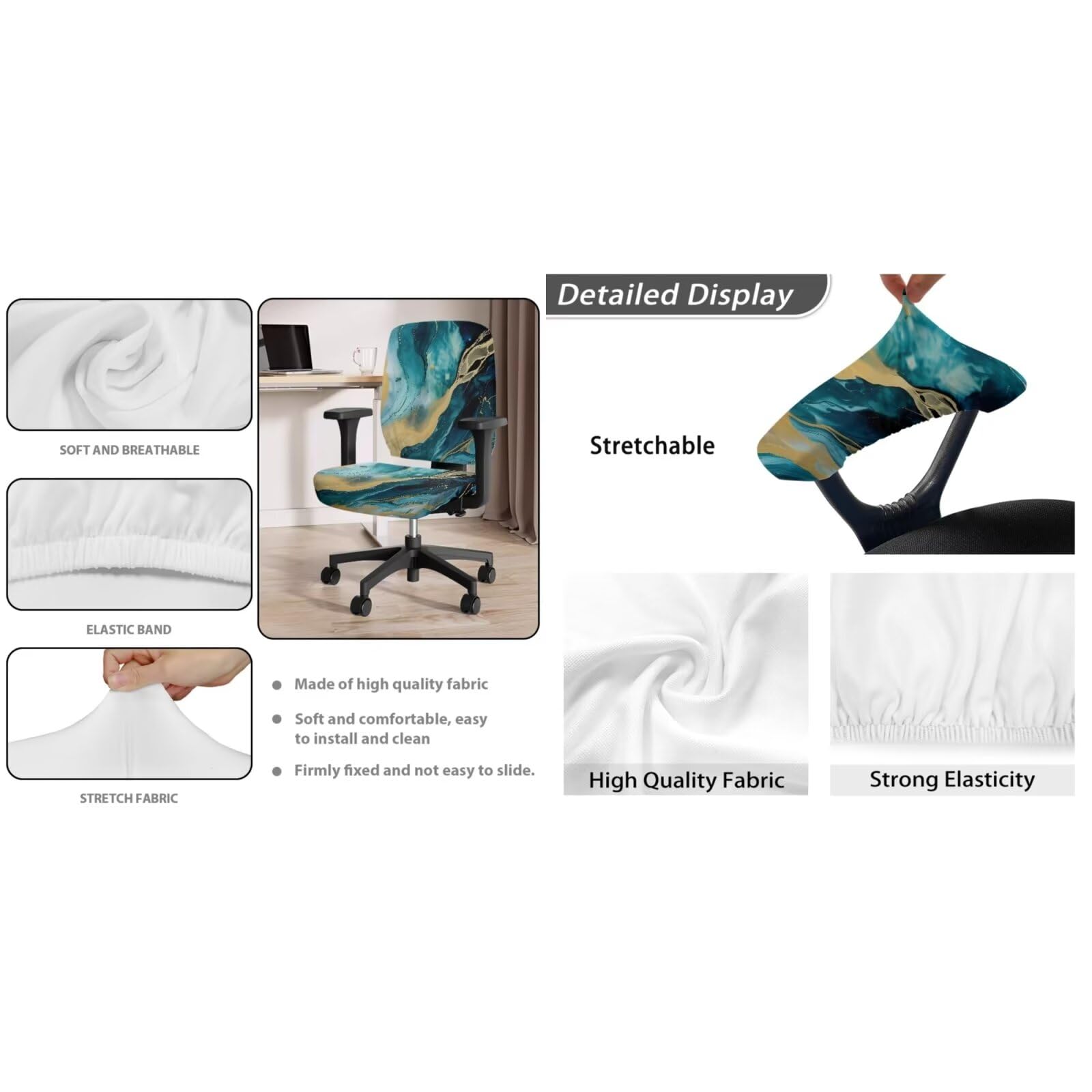 Marble Chair Seat Covers Set - 4-Piece Stretchable Universal Desk & Office Chair Slipcovers with Armrest Covers - Perfect for Home Office, Gaming Chairs, and Computer Workstations