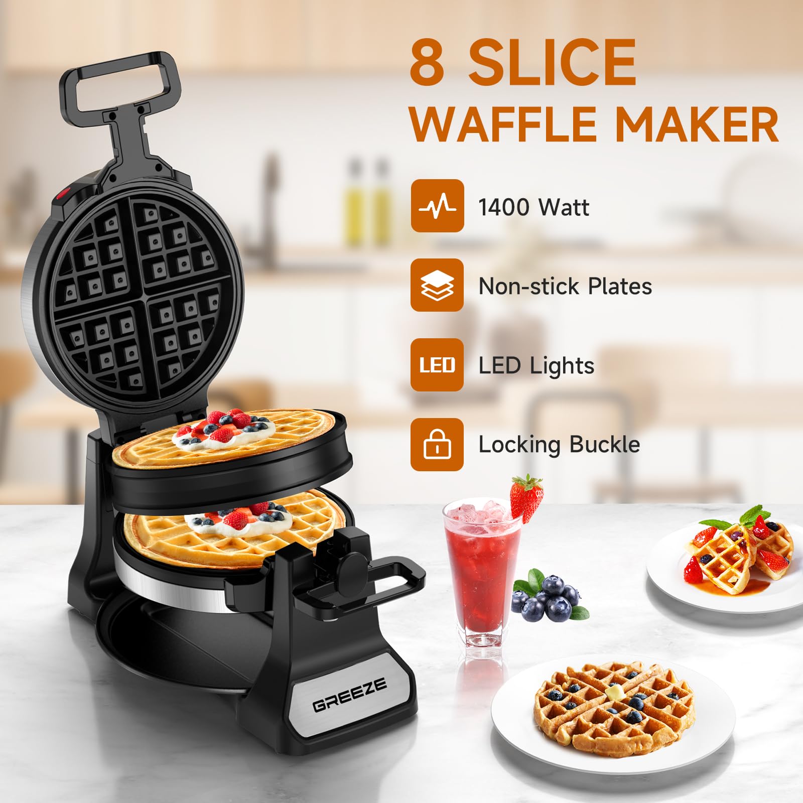 Double Belgian Waffle Maker 180° Flip - 1400W Stainless Steel Waffle Iron with Nonstick Plates & Removable Drip Tray - Makes 8 Slices - Perfect for Breakfast, Brunch, and Family Gatherings