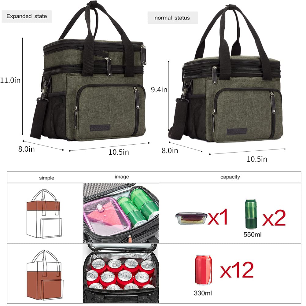Insulated Lunch Box for Women & Men - Leakproof Cooler Bag for Work, School & Picnic - Army Green Lunch Tote with Thermal Protection - Perfect for Office, Hiking & Outdoor Activities