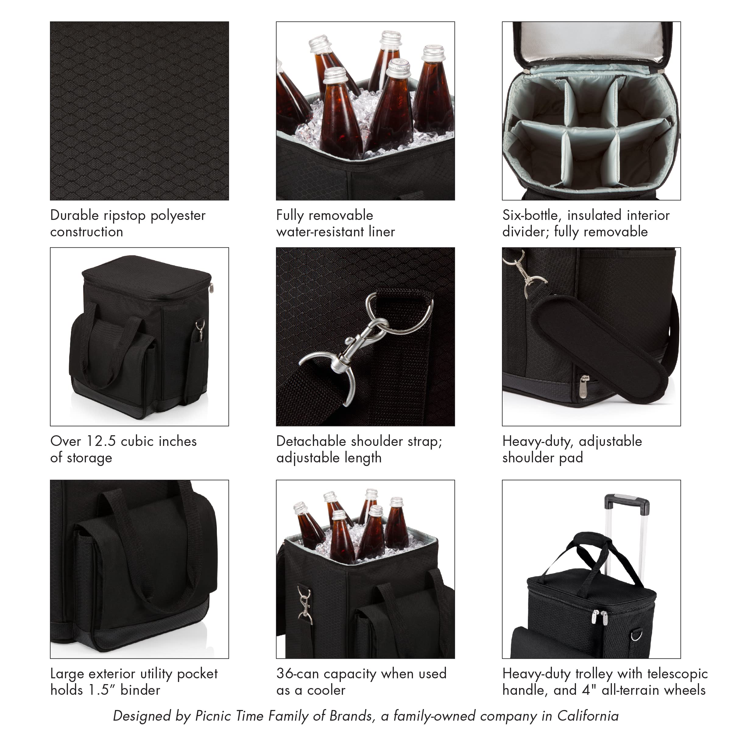 PICNIC TIME NFL Unisex-Adult 6-Bottle Insulated Wine Carrier & Cooler Tote with Wheels - Portable Rolling Wine Trolley for Tailgating, Parties, and Outdoor Events