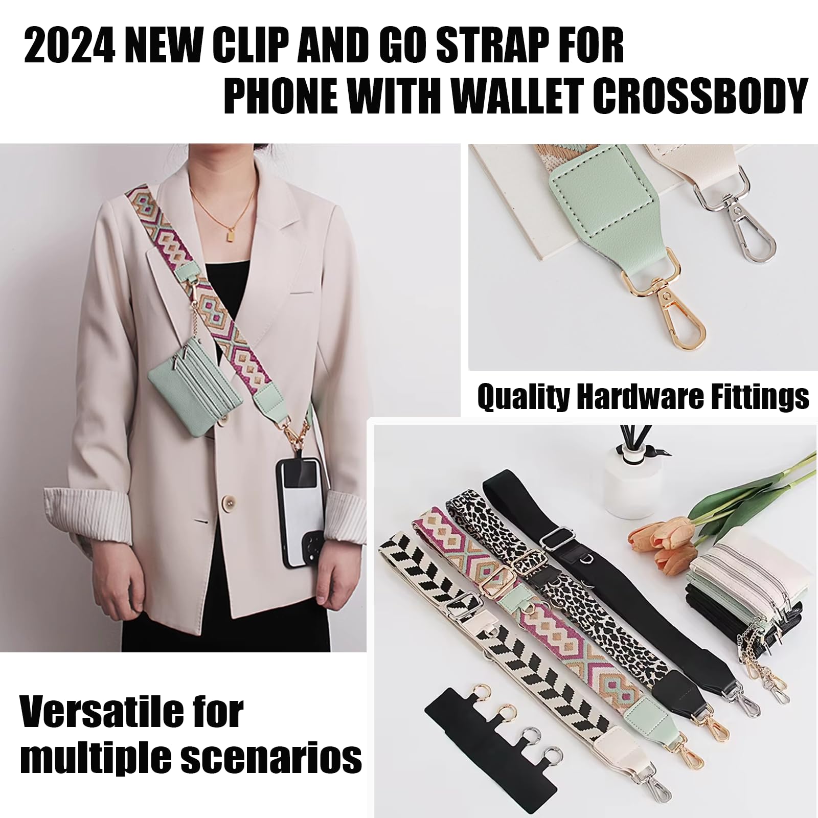2025 New Adjustable Clip and Go Phone Strap with Zippered Pouch & Crossbody Wallet - Hands-Free Phone Holder for iPhone Samsung - Perfect for Shopping, Travel, and Everyday Use (1P-A)
