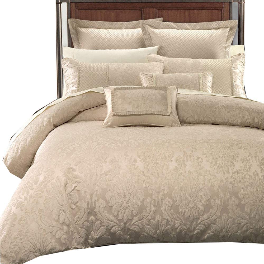 Luxury 8-Piece Royal Hotel Jacquard Comforter Set - Full/Queen Size Beige Duvet Cover with Down Alternative Comforter | Perfect for Master Bedroom, Guest Room & Airbnb Stays
