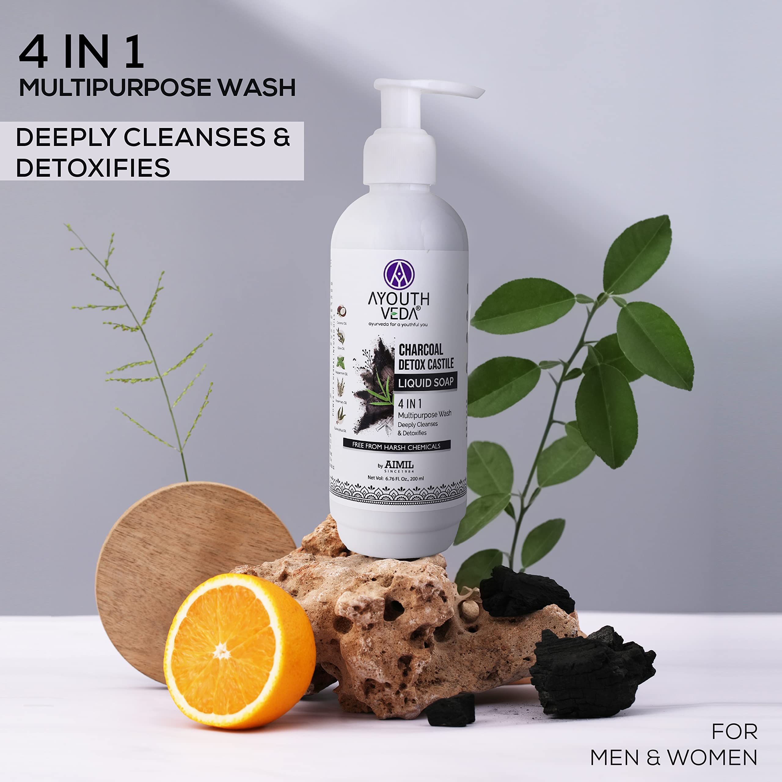 Ayouthveda Charcoal Detox Castile Liquid Soap - 4 in 1 Multipurpose Face & Body Wash | Deep Cleansing & Detoxifying | Germ Protection | 200ml (Pack of 1) | Perfect for Daily Skincare, Acne Treatment & Sensitive Skin Care