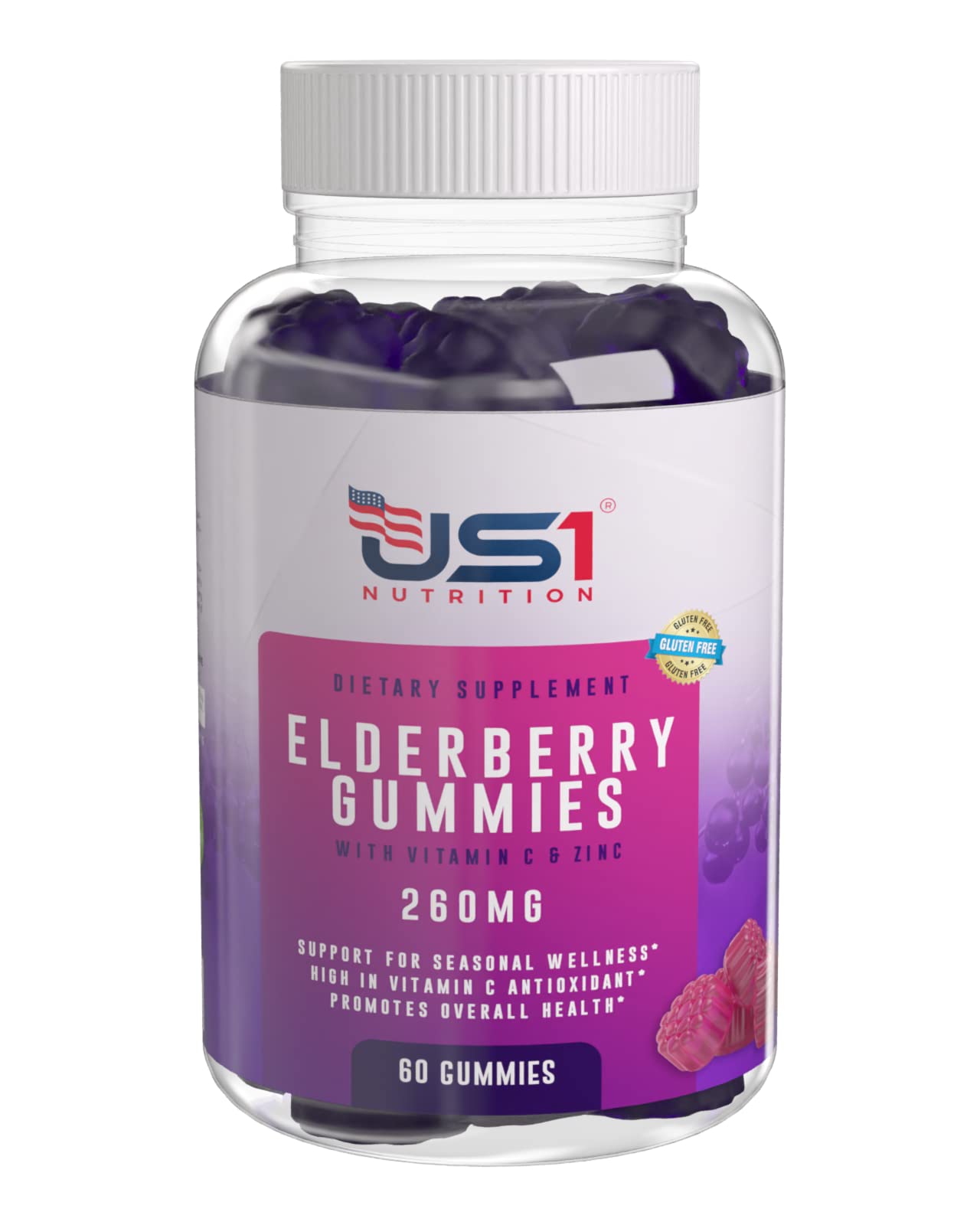 Elderberry Gummies with Zinc & Vitamin C - Immune Support Supplement | Gluten Free, Non-GMO | 60 Count by US1 Nutrition | Great for Cold & Flu Season, Daily Wellness & Travel