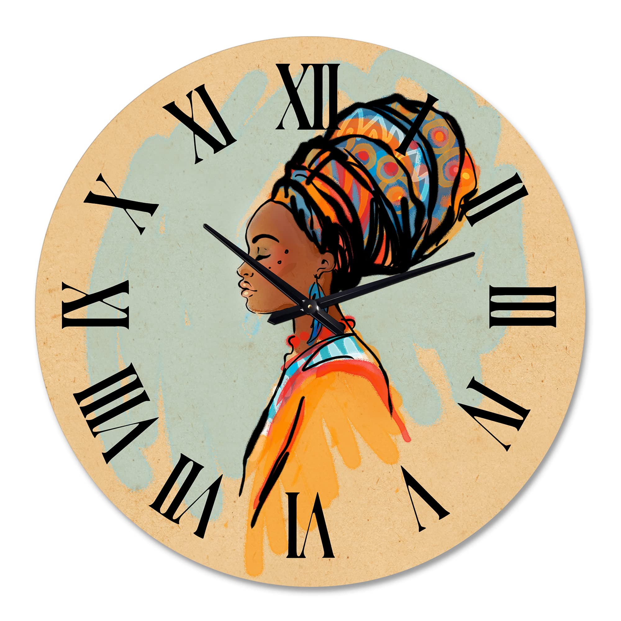 DesignQ Modern Wall Clock - Portrait of African American Woman with Turban II - Large Decorative Wall Clock for Living Room, Bedroom & Office - Unique Home Decor Gift Idea