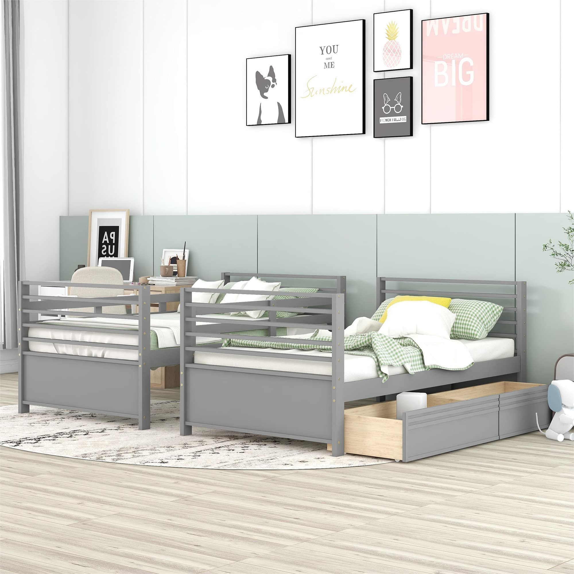 Harper & Bright Designs Twin Over Twin Bunk Bed with Ladder & 2 Storage Drawers - Space-Saving Wooden Bunk Bed Frame for Kids & Teens - Perfect for Small Bedrooms, Guest Rooms & Vacation Homes (Grey)