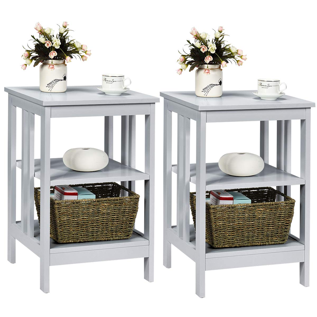Giantex 3-Tier Nightstand Set of 2 - Modern Bedside Table with Storage Shelves & Reinforced Metal Frame - Sturdy Wooden End Table for Bedroom, Living Room - Easy Assembly, Gray - Perfect for Small Spaces & Apartment Living