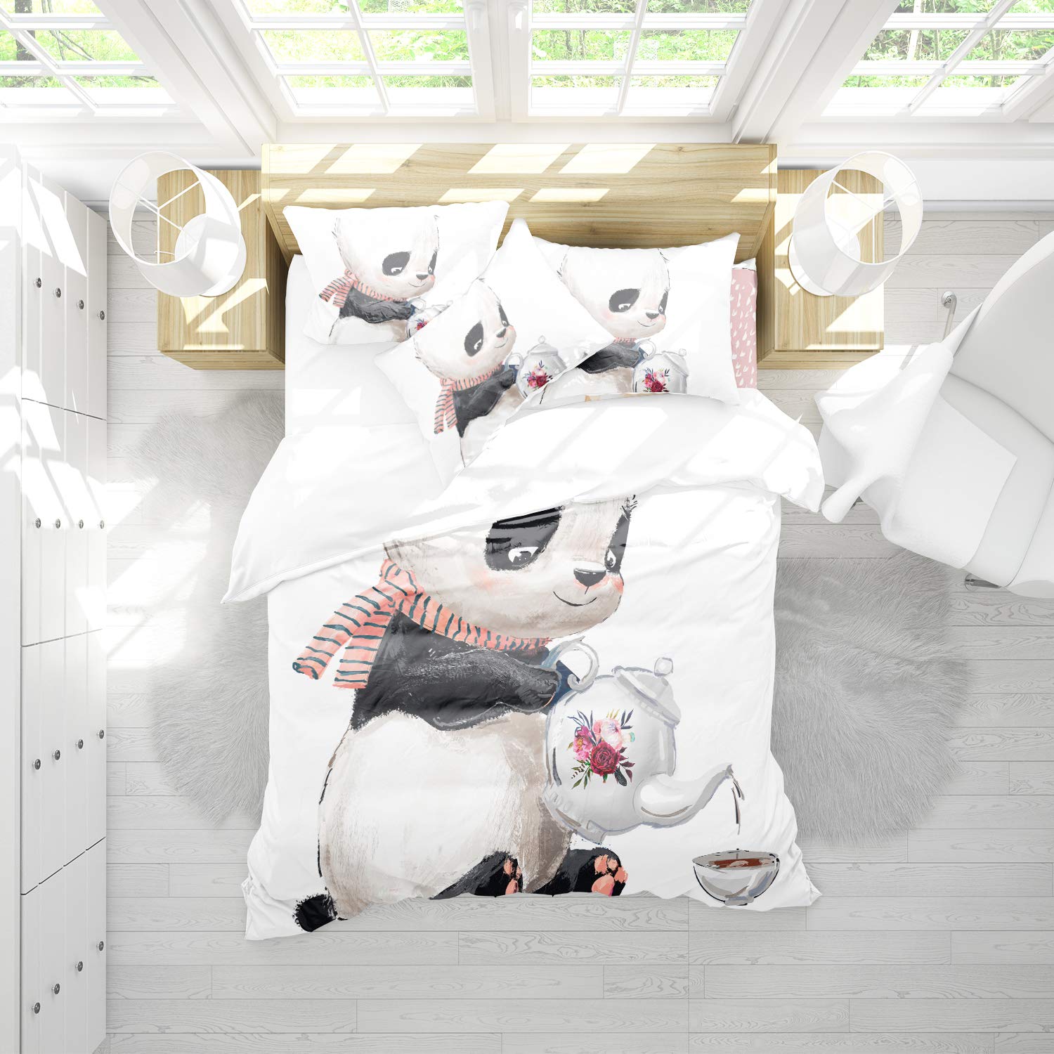 REALIN Panda Duvet Cover Set - Cute Panda Drinking Tea Design with Cosmic Planet Pattern | 2/3/4PC Microfiber Bedding Set Includes Quilt Cover, Sheets & Pillow Shams | Twin/Full/Queen/King Size | Perfect for Kids' Rooms, Themed Bedrooms & Cozy Home Decor