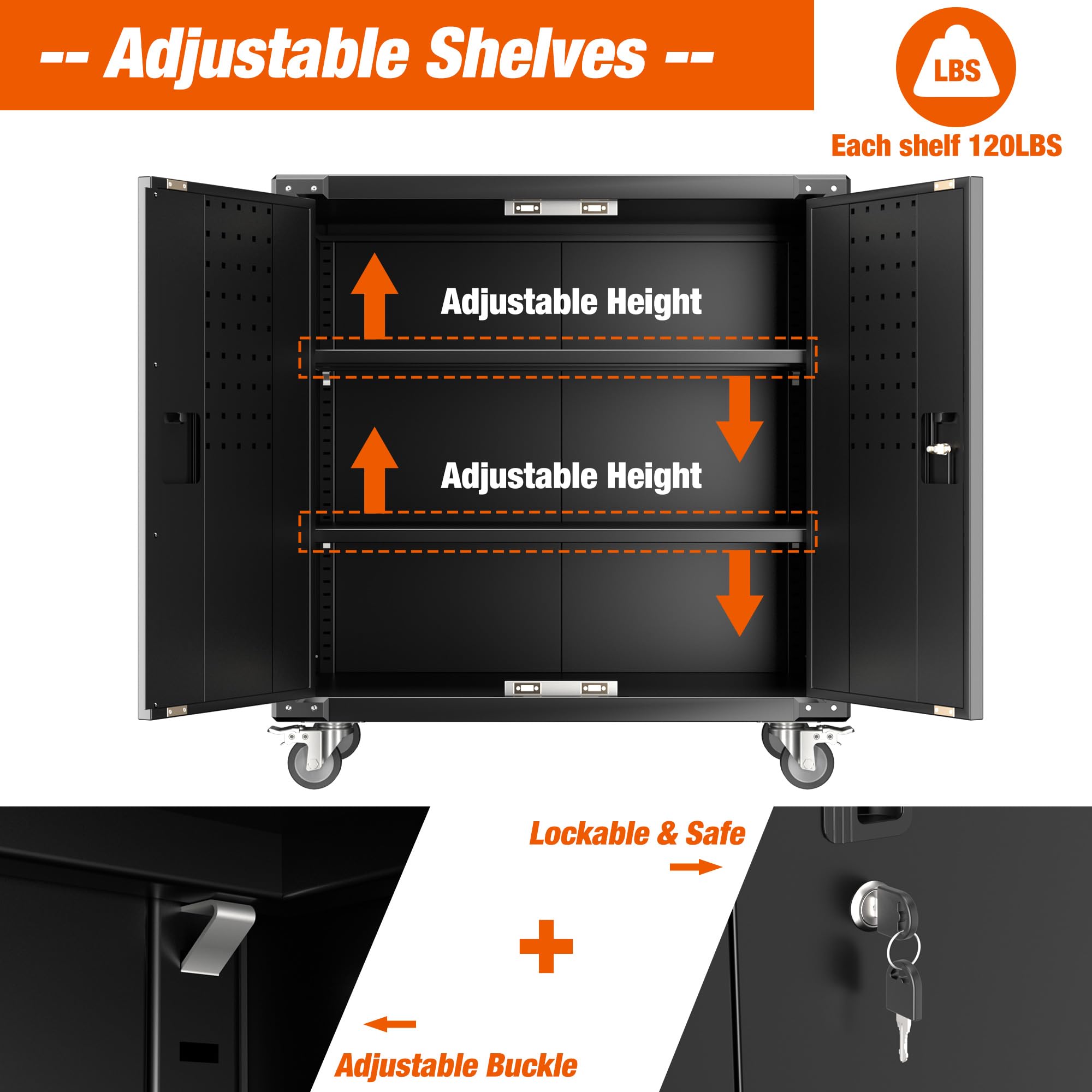 Garage Storage Cabinet - Heavy Duty 2-Door Locking Steel Tool Cabinet on Wheels with 2 Adjustable Shelves for Garage, Workshop, School & Warehouse Organization (Black) - Perfect for Storing Tools, Equipment & Supplies with Easy Mobility