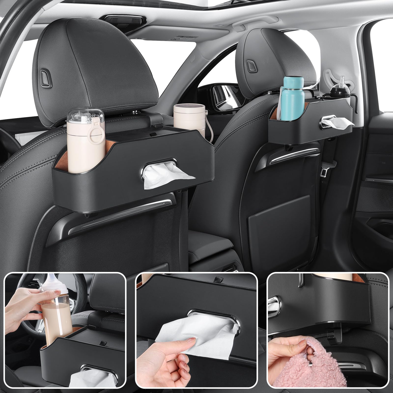 Universal Car Rear Backseat Organizer - Multi-Functional Drink Cup Holder with Tissue Storage Box & Hooks for Seat Back (Black) - Perfect for Road Trips, Family Travel & Daily Commute