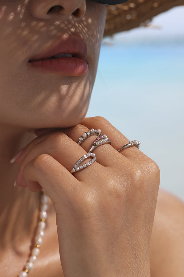 Elegant Double Layer Rhinestone Pearl Ring for Women - Vintage Jewelry for Party, Wedding & Special Occasions