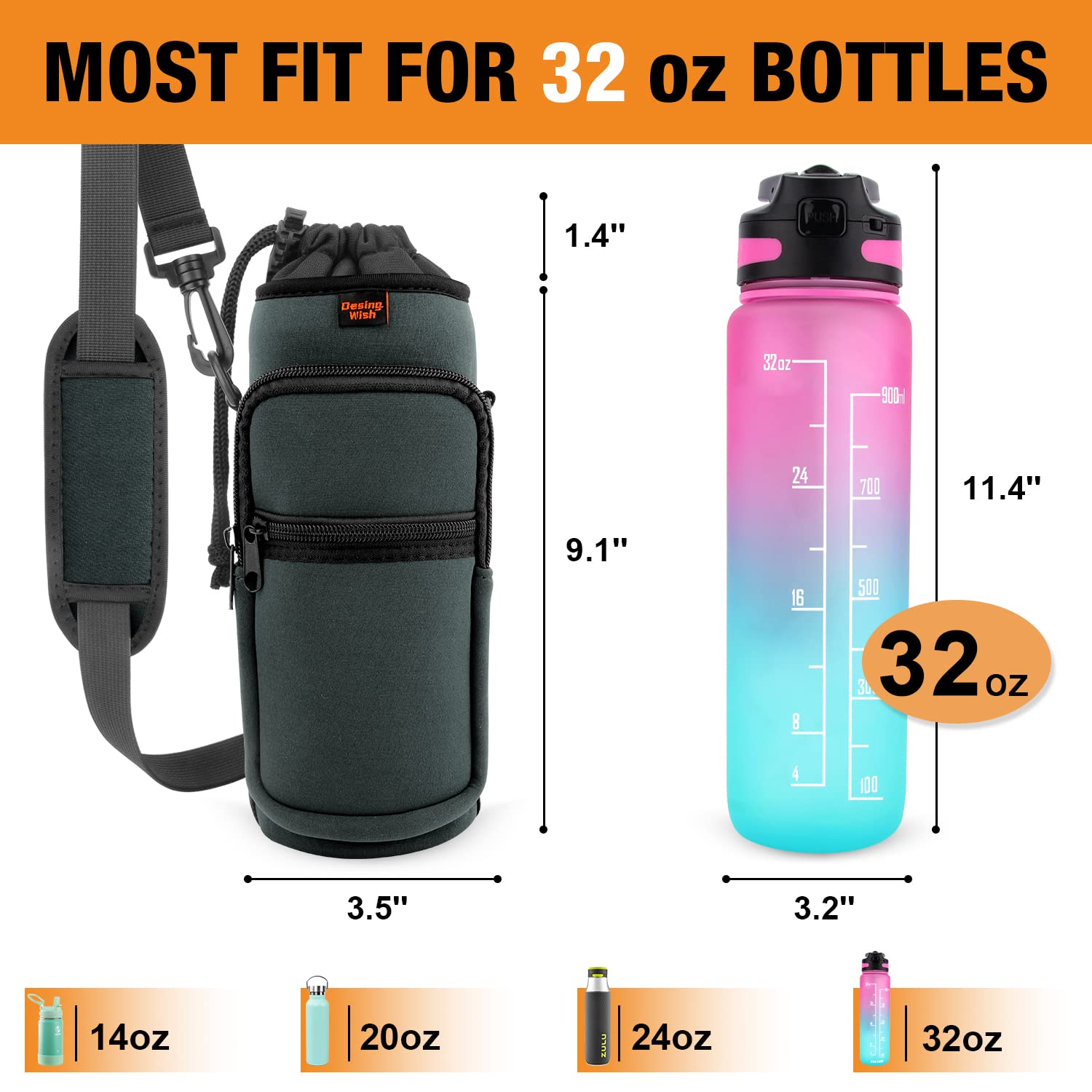 Bike Water Bottle Holder with 2 Pockets & Shoulder Strap - Universal Bottle Cage for Mountain Bikes, Walking Strollers, Scooters - Perfect for Cycling, Hiking & Outdoor Sports