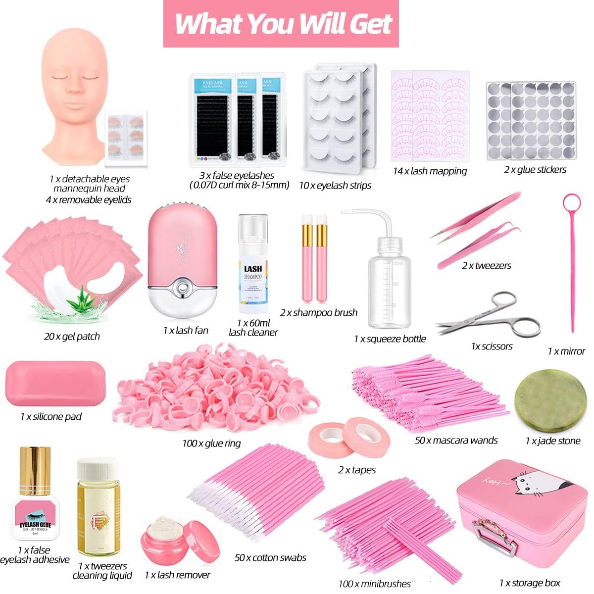 Professional Eyelash Extension Kit with Mannequin Head, Removable Eyelids & USB Lash Fan - Complete Practice Set for Beginners | Includes False Eyelashes, Shampoo Brush & Glue Tools | Perfect for Salon Training & Home Use