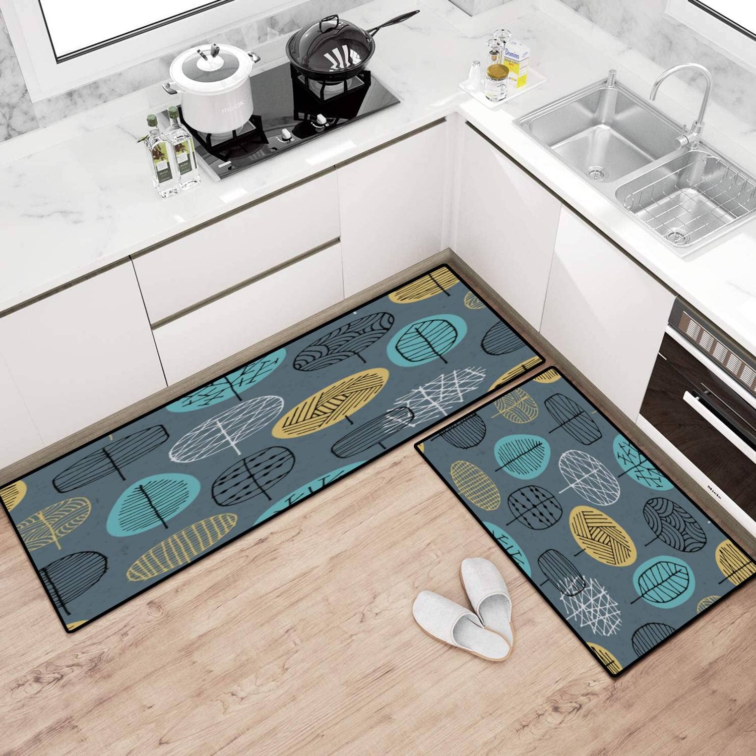 Non-Slip Washable Kitchen Rugs Set - Abstract Forest Design Seamless Floor Mat, Kitchen Runner & Bath Rug - Comfort Standing Mats for Home Decor | Perfect for Kitchens, Bathrooms & Entryways