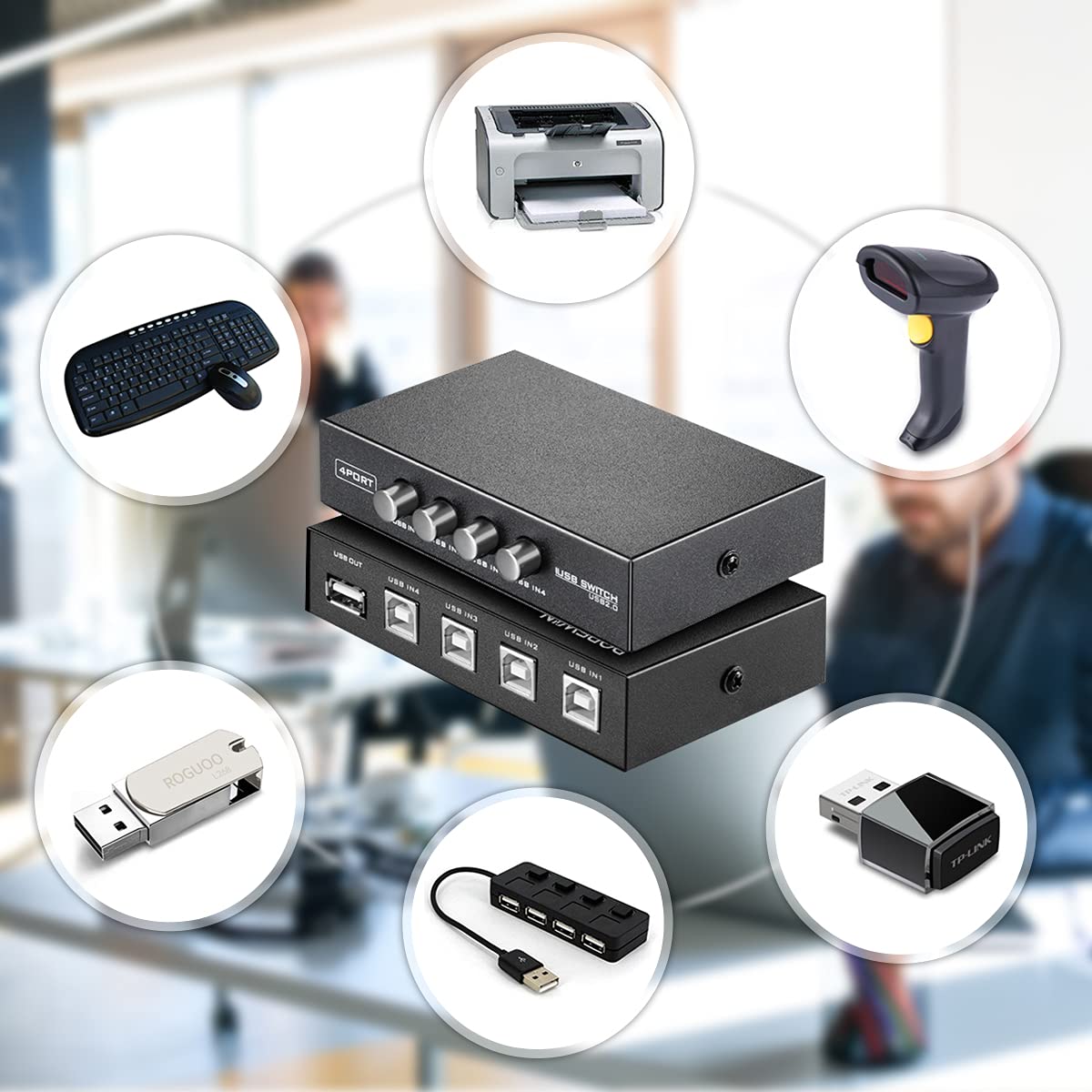 4-Port USB 2.0 Printer Sharing Switch Hub with 4 USB A to B Cables - Manual USB Switch for Multiple Printers & Scanners - Perfect for Office, Home & Small Business Setup