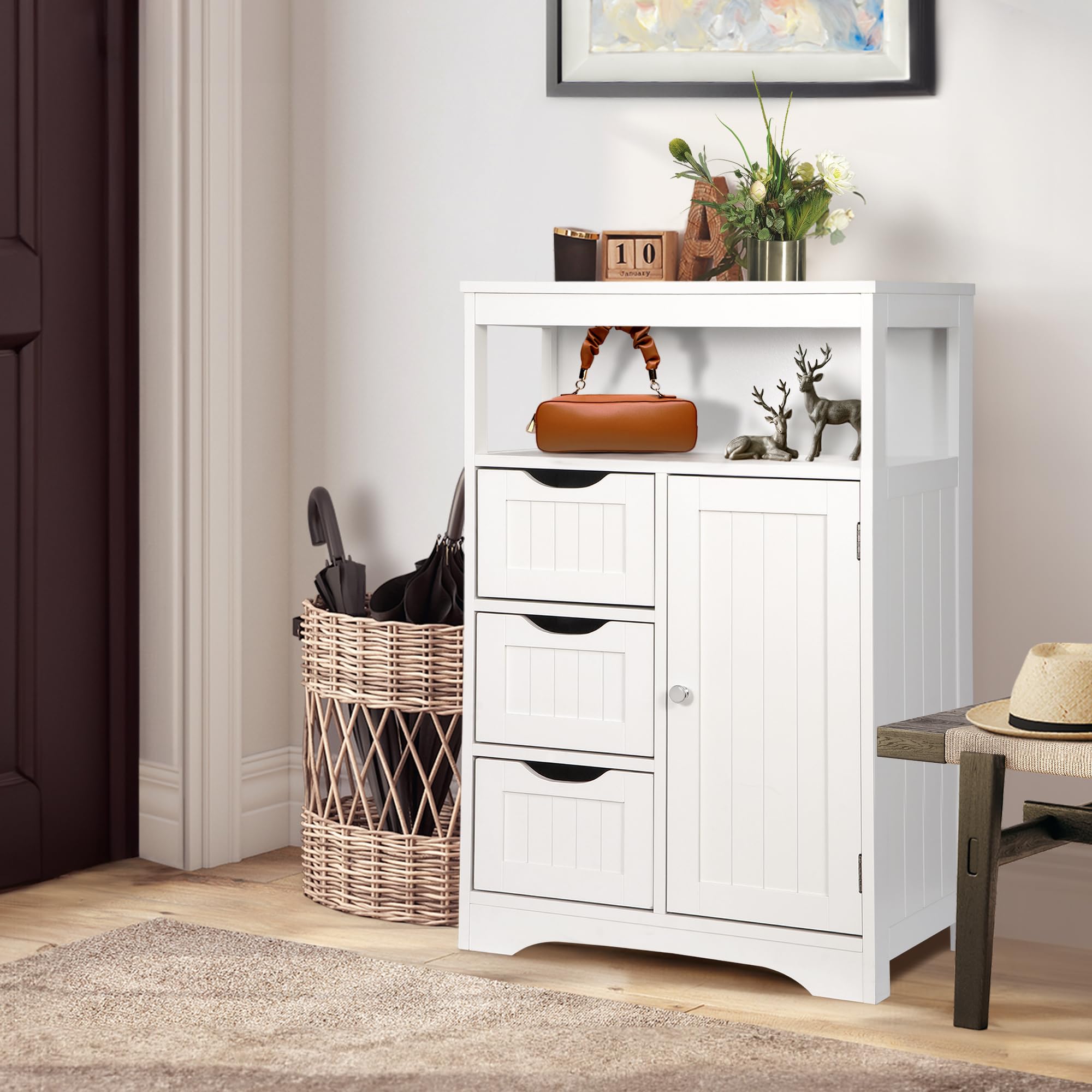 ZENY White Wooden Bathroom Floor Cabinet with Adjustable Shelf & 3 Drawers - Modern Free-Standing Storage Organizer for Bathroom, Living Room, Bedroom - Perfect for Organizing Towels, Toiletries & Home Essentials