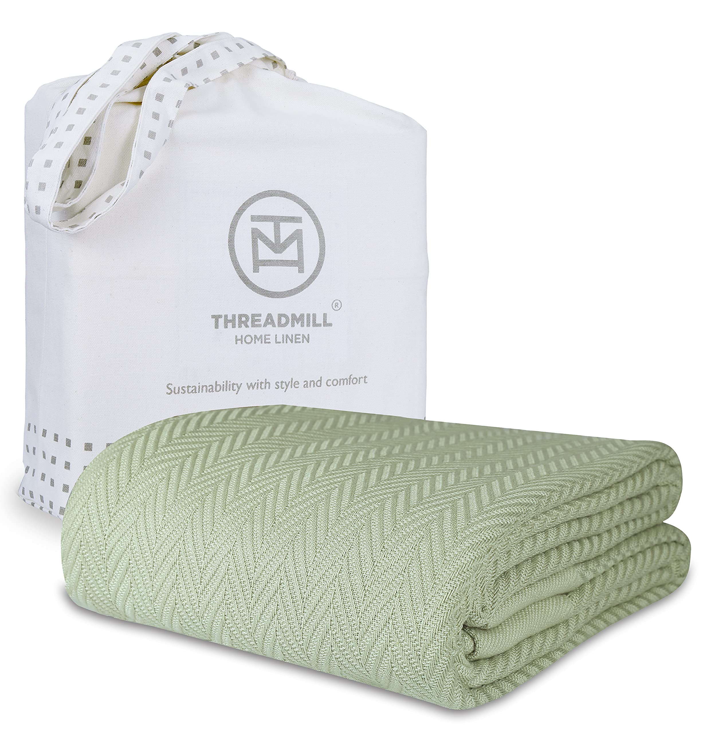 Premium 100% Cotton Herringbone Blanket Queen Size - Ultra Soft & Breathable All-Season Luxury Bedding - Sage Green - Perfect for Cozy Nights, Guest Rooms & Home Decor