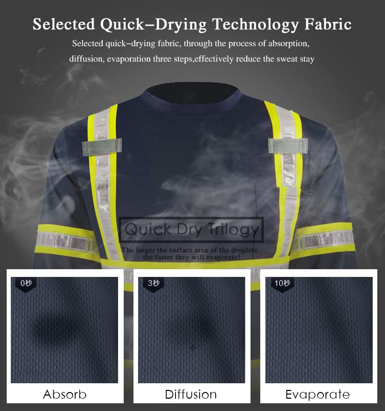 High Visibility Reflective Safety Work Shirts with PVC Tape & Pockets - Long Sleeve T-Shirts for Men & Women | Construction, Roadwork & Night Shift Safety Gear