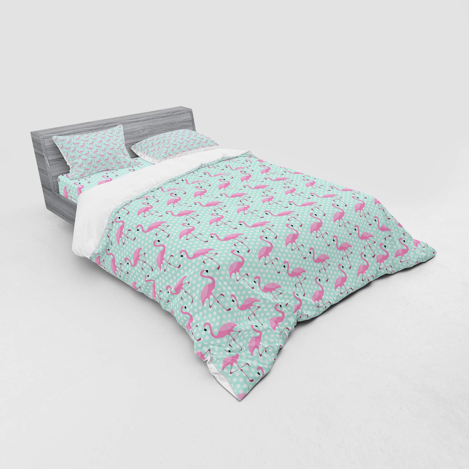 Ambesonne Pink Flamingo 4-Piece Duvet Cover Set - Tropical Hawaiian Birds & Exotic Animal Print on Polka Dot Background, California King Size in Mint Green & Pale Pink | Perfect for Beach House, Boho Bedroom or Tropical Vacation Theme Decor