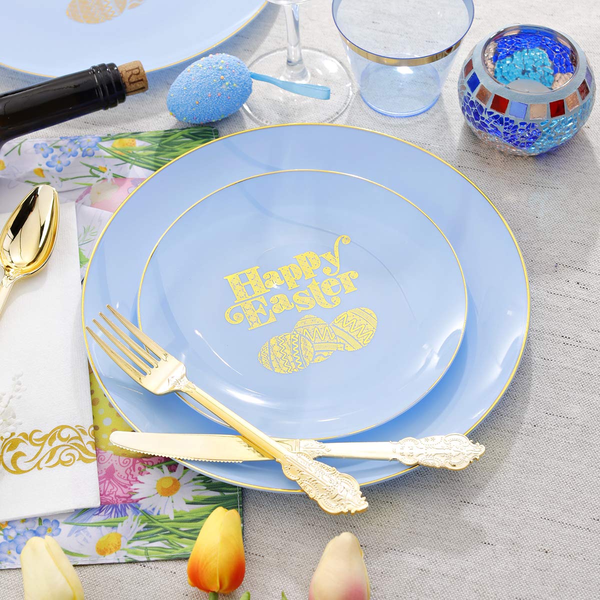 150-Piece Easter Party Tableware Set - Blue & Gold Disposable Plastic Plates, Cutlery & Cups for Easter Egg Hunt, Brunch, and Spring Celebrations