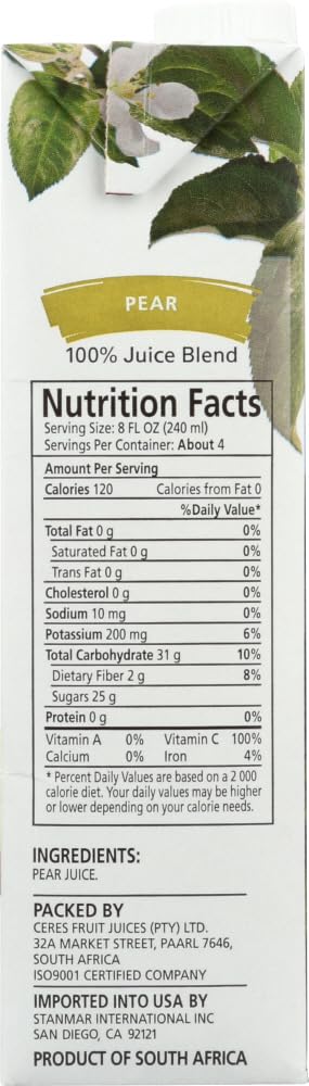 Organic Ceres 100% Pure Pear Fruit Juice Blend - 33.8oz Bottle (Pack of 12) | No Added Sugar, Non-GMO, Gluten Free | Perfect for Breakfast, Healthy Snacks & Kids Lunchboxes