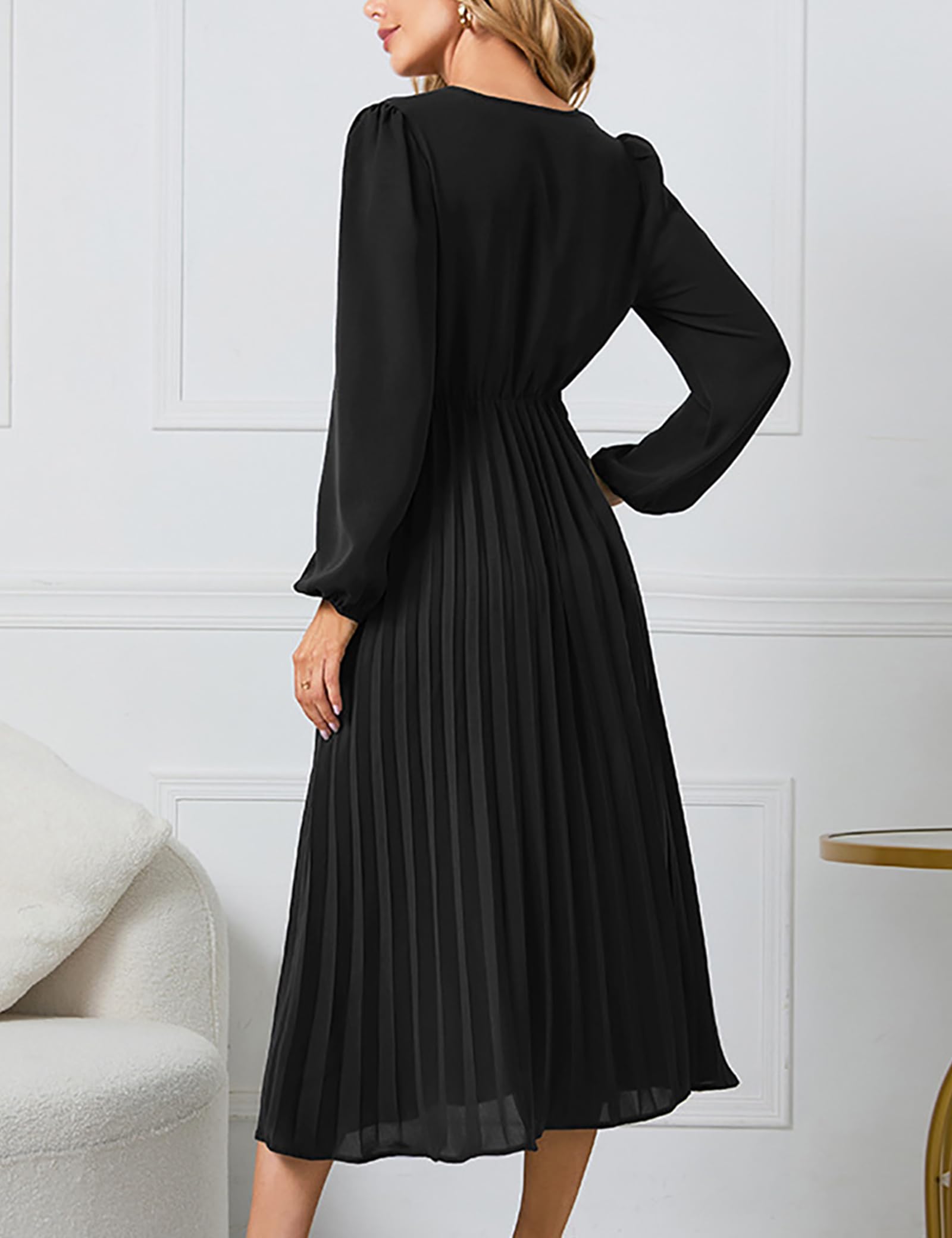 SDEER Women's Casual Midi Dress - V Neck Long Sleeve Pleated High Waist Flowy Dress for Wedding Guest, Party, Office & Everyday Wear