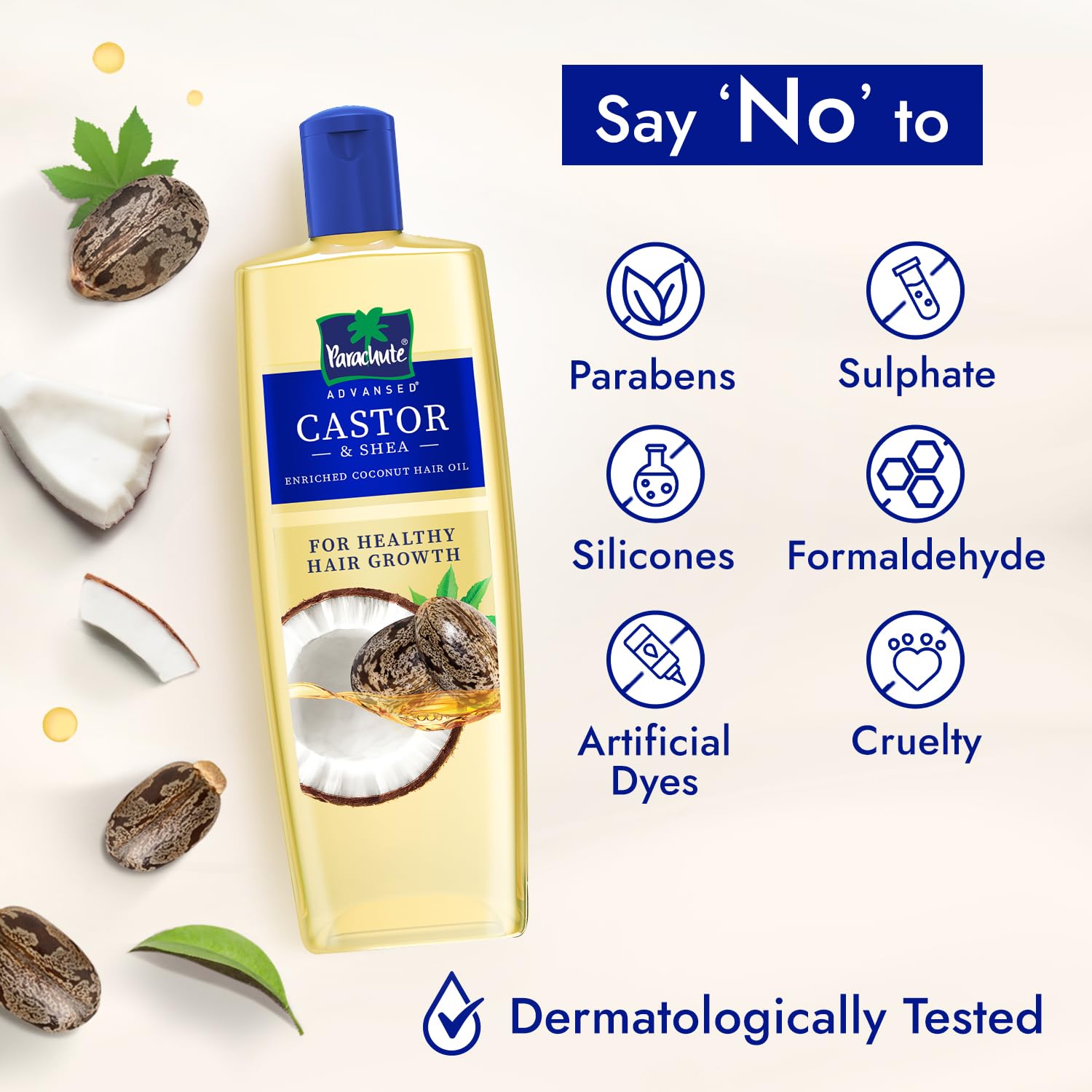 Parachute Advanced Castor & Shea Enriched Coconut Hair Oil 300ml | 10X Stronger Hair Growth | Deep Moisturizing & Nourishing Treatment | Reduces Hair Fall, Frizz & Breakage | Adds Vibrant Length & Volume | Dermatologist Tested | For Men & Women | Perfect for Dry, Damaged & Curly Hair Care