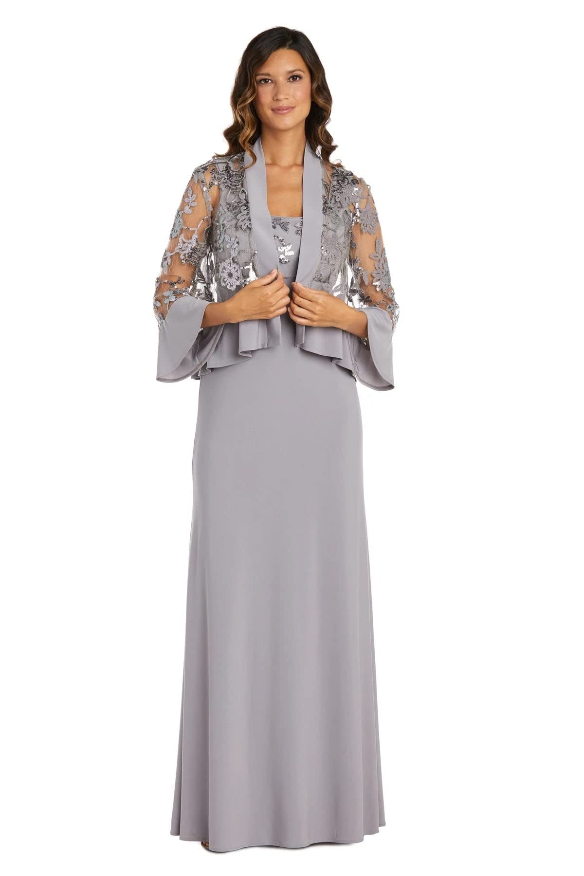 RM Richards Plus Size Women's 2-Piece Sequin Lace Jacket & Long Dress Set - Size 14W in Granite | Elegant Evening Wear for Parties, Weddings & Special Occasions