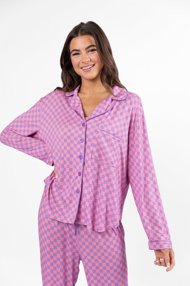 Light Pink and Lilac Checkered Long Sleeve Pajama Top for Women - Soft & Comfortable Sleepwear - Perfect for Cozy Nights, Loungewear, and Relaxing at Home