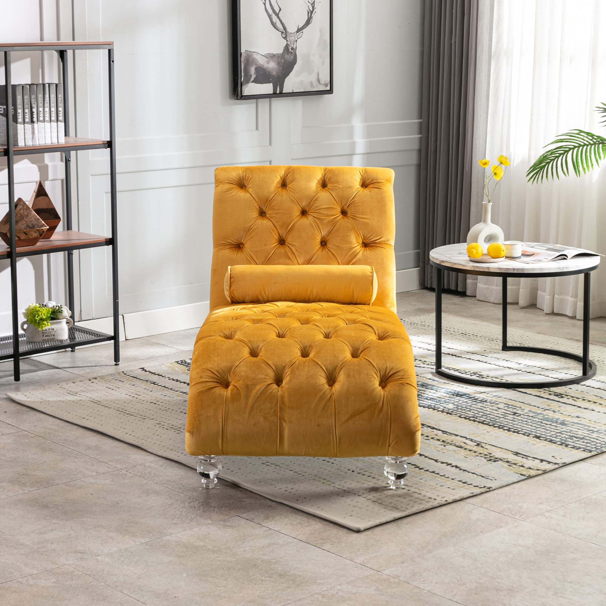 Modern Velvet Chaise Lounge Chair - Armless Mid-Century Sofa with Sturdy Acrylic Legs, Mustard Yellow Accent Piece for Living Room, Bedroom or Reading Nook