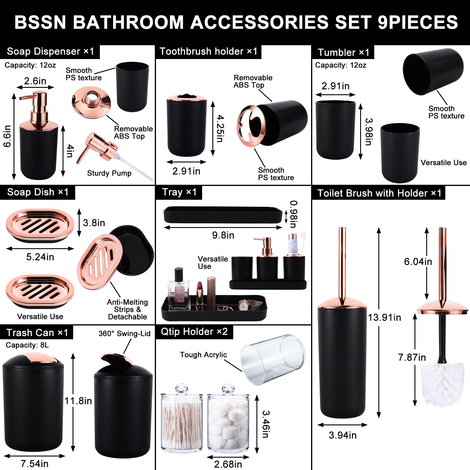 9-Piece Black Bathroom Accessories Set - Modern Trash Can, Soap Dispenser, Soap Dish, Toilet Brush with Holder, Toothbrush Holder, Tumbler Cup, Tray & Q-Tip Holders | Bathroom Countertop Organizer Essentials for Home & Hotel Use