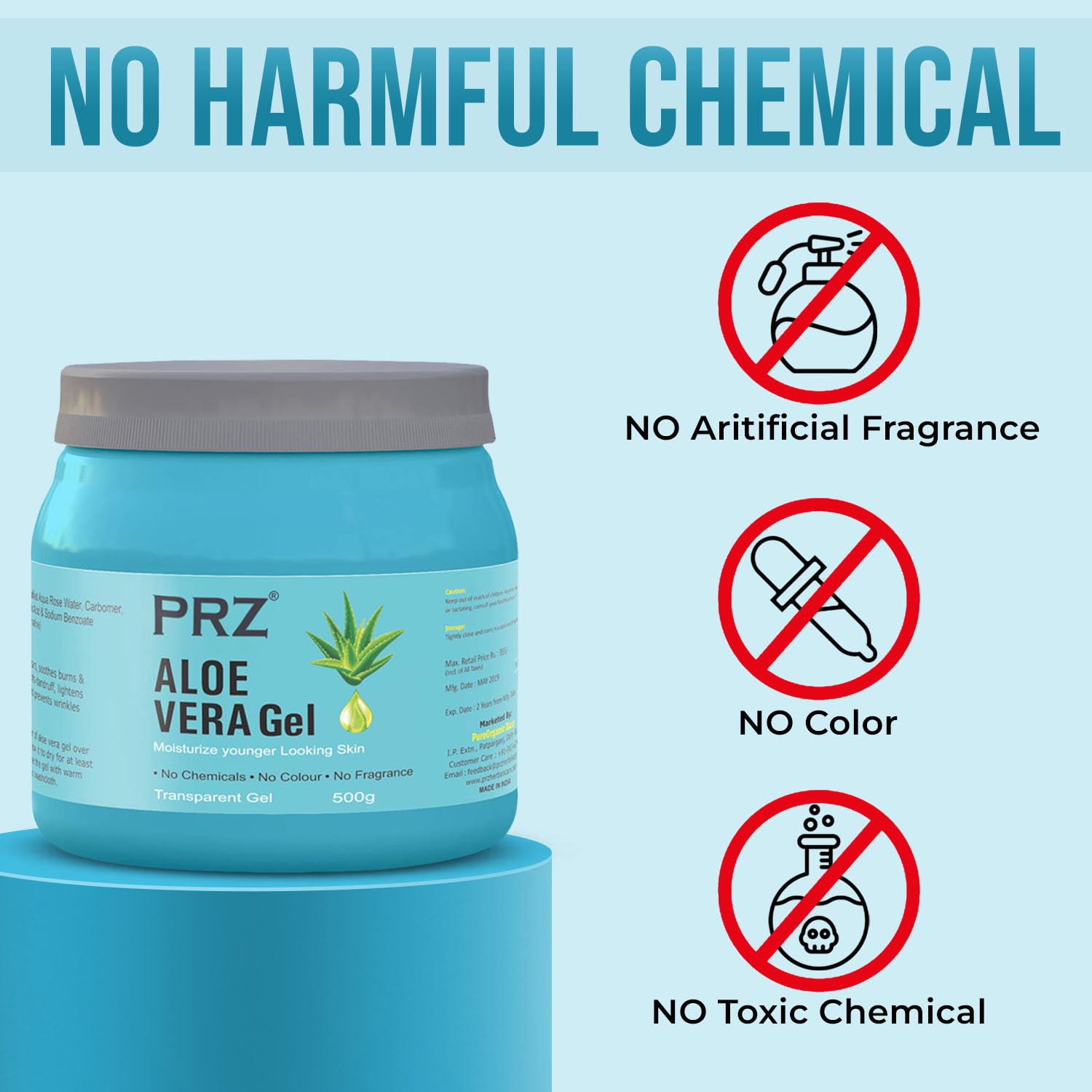 PRZ 100% Pure Natural Aloe Vera Gel (500g) - Hydrating Moisturizer for Face & Body, Hair Gel, Skin Treatment for Acne Scars & Glowing Skin | Perfect for Daily Skincare, Sunburn Relief & DIY Beauty Recipes
