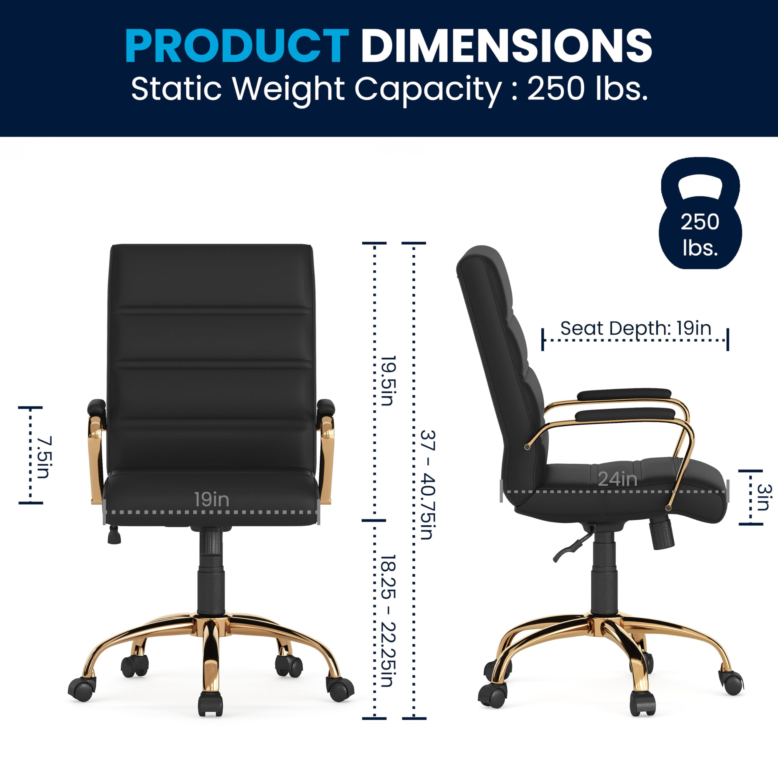 Whitney Mid-Back LeatherSoft Office Chair - Adjustable Height & Armrests for Home/Office