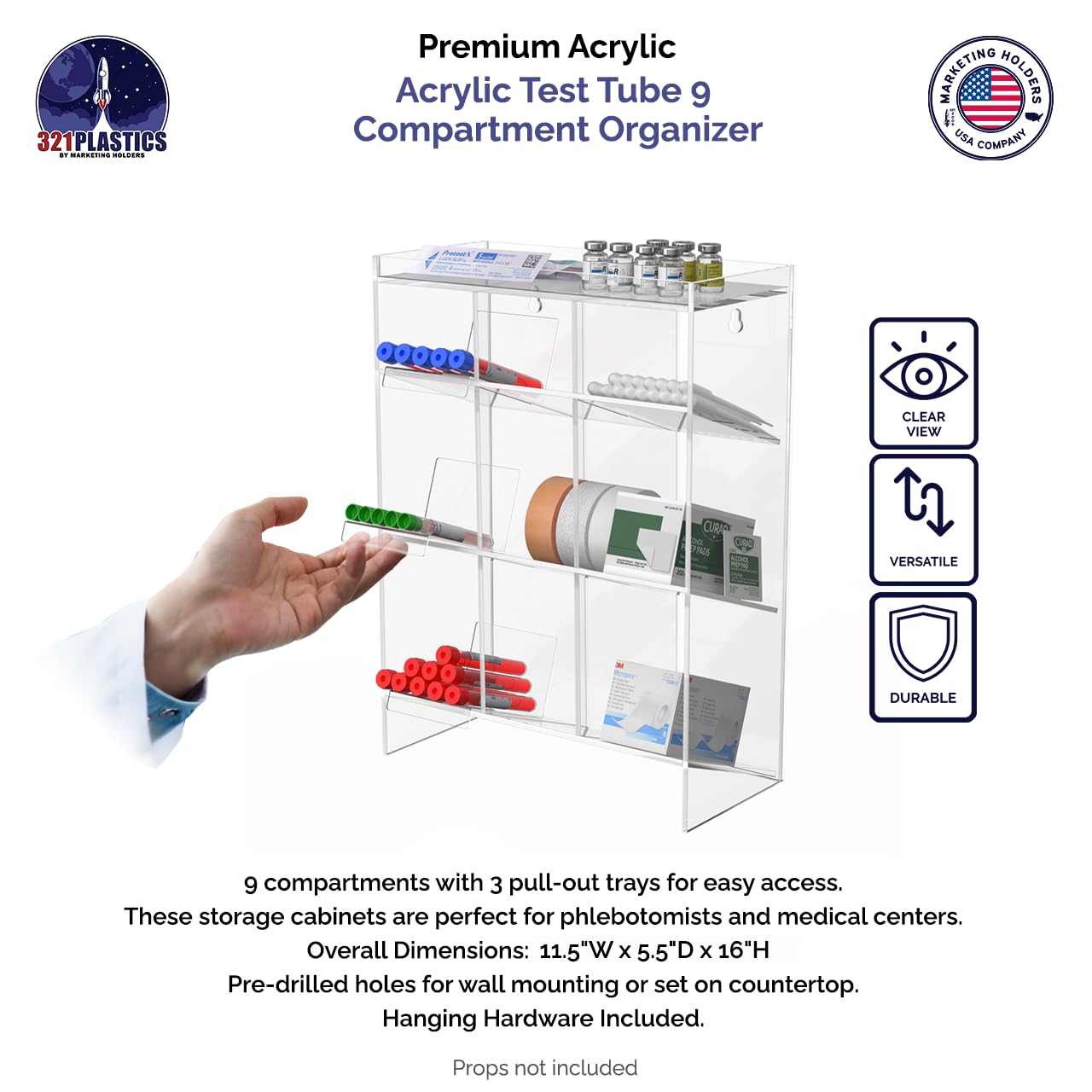 Clear Acrylic 9-Compartment Tube Rack - 11.5