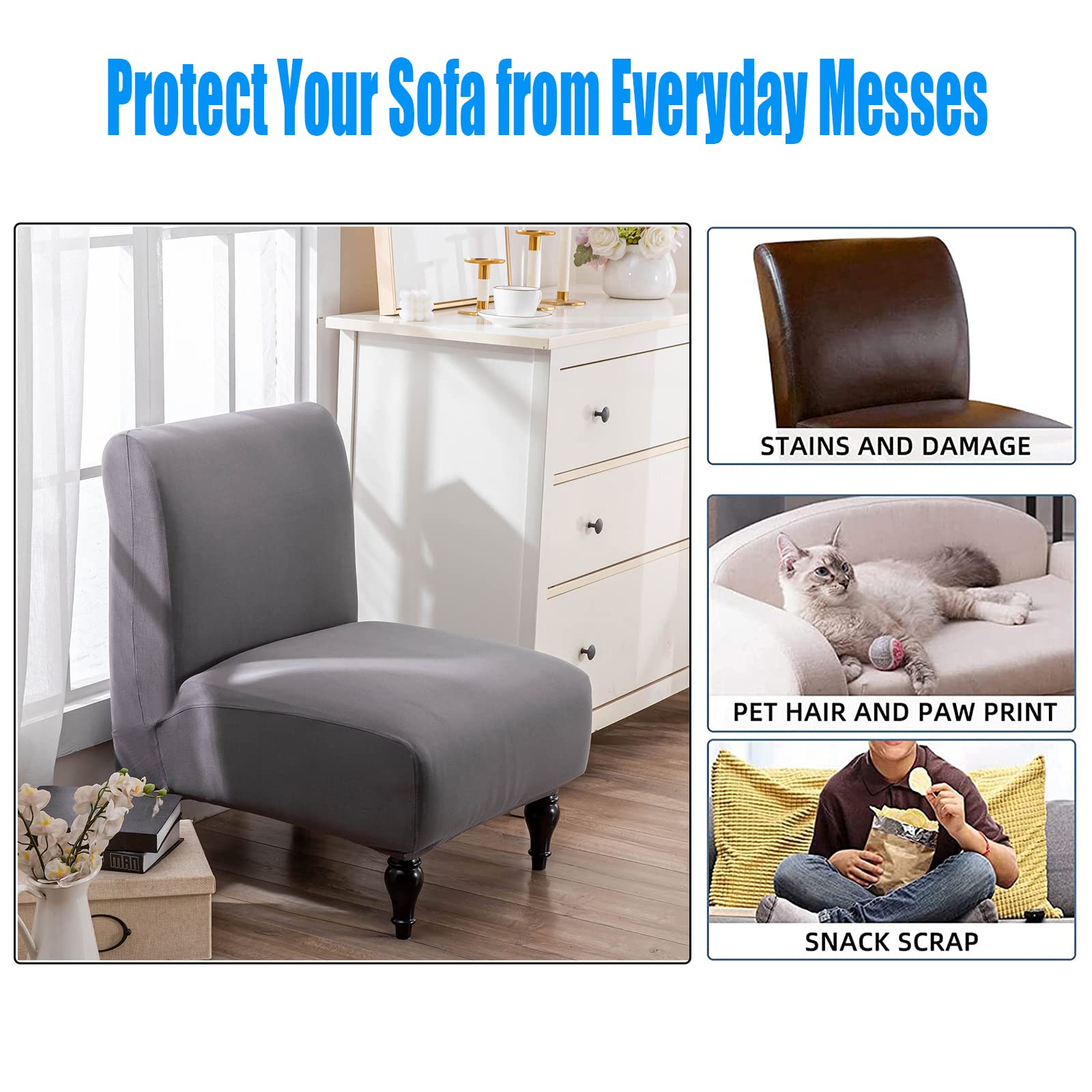 Armless Chair Slipcover - Large Stretchable Jacquard Fabric Accent Chair Cover, Washable & Non-Slip Sofa Slipcover for Living Room, Bedroom, Hotel - Grey | Perfect for Home Decor, Furniture Protection & Style Upgrade