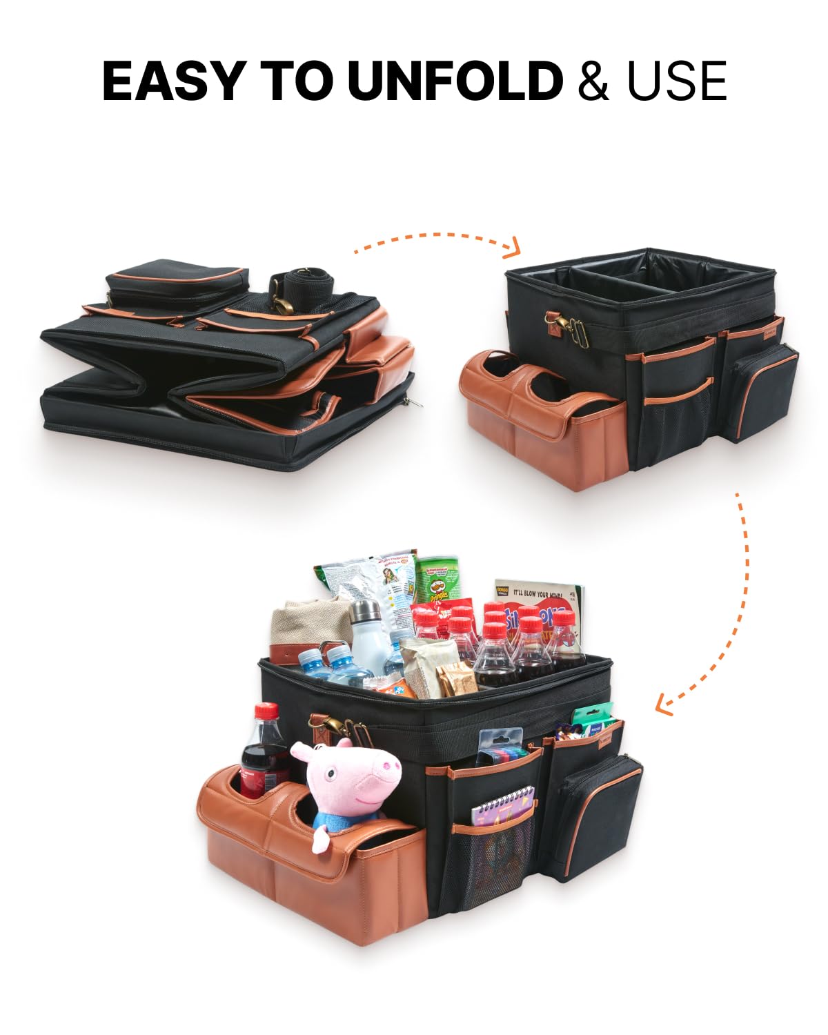 Foldable Trunk Organizer for Car - Large Black-Brown Car Storage Organizer with Multiple Pockets | Perfect for SUV, Sedan & Road Trips | Keep Your Vehicle Neat & Organized