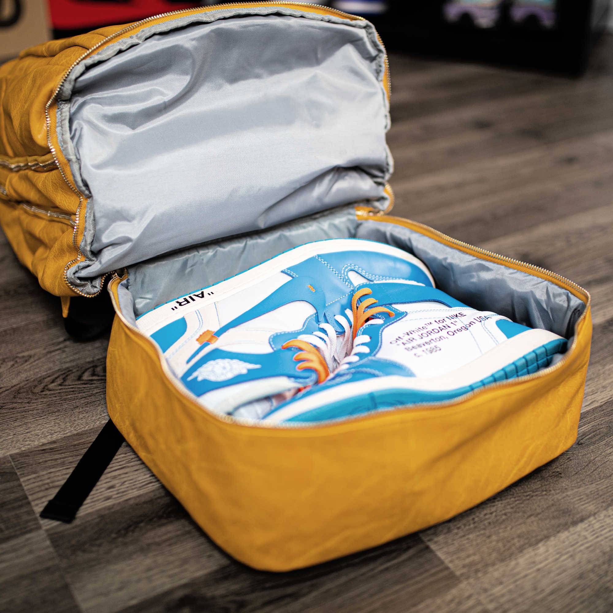 Premium Yellow Leather Carry On Backpack - Patented Signature Design Travel Backpack for Business & Weekend Getaways