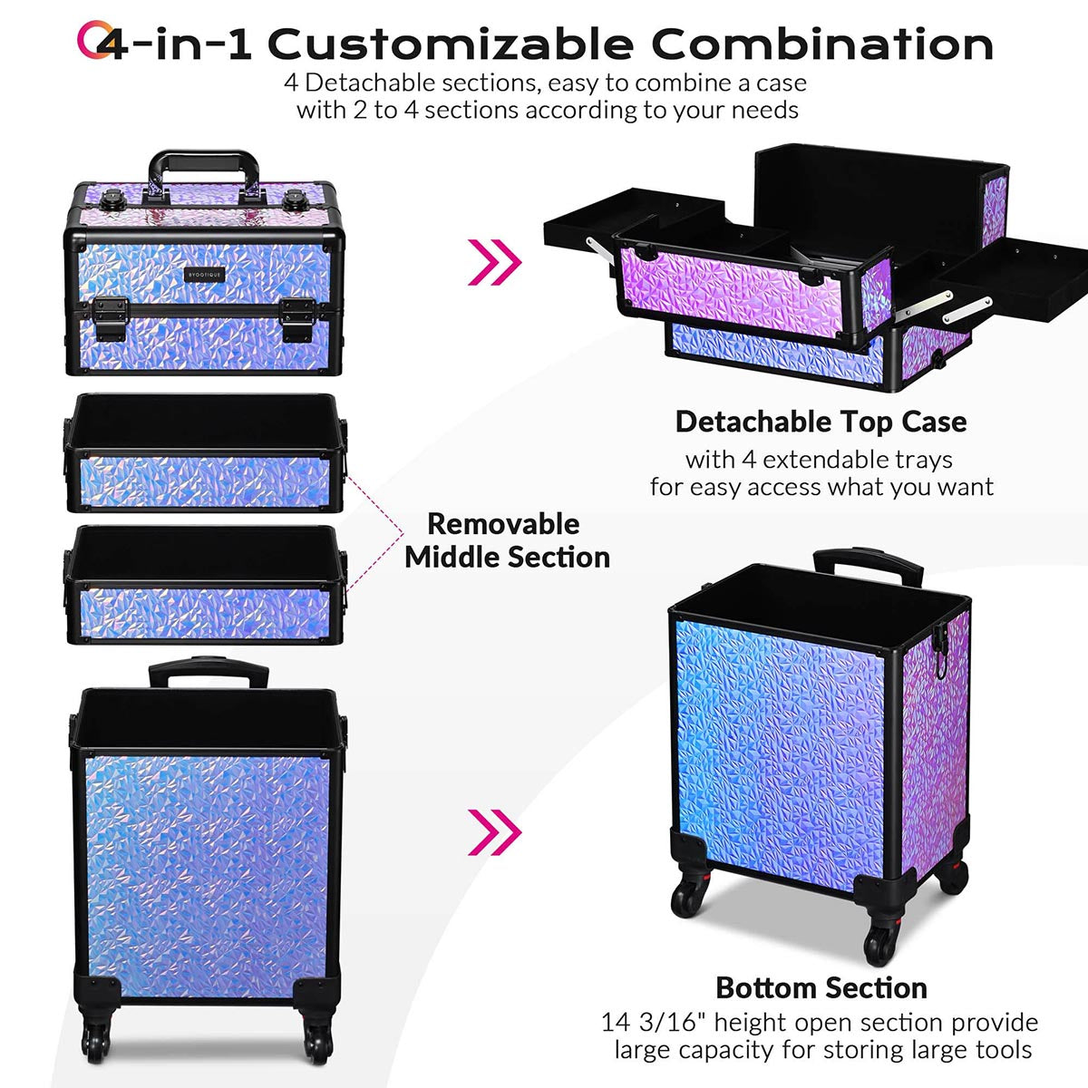 Byootique Pro 4-in-1 Rolling Makeup Case with Key Lock - Professional Cosmetic Trolley Organizer for Makeup Artists, Hairstylists & Mobile Beauty Services - Perfect for Salons, Weddings & Travel